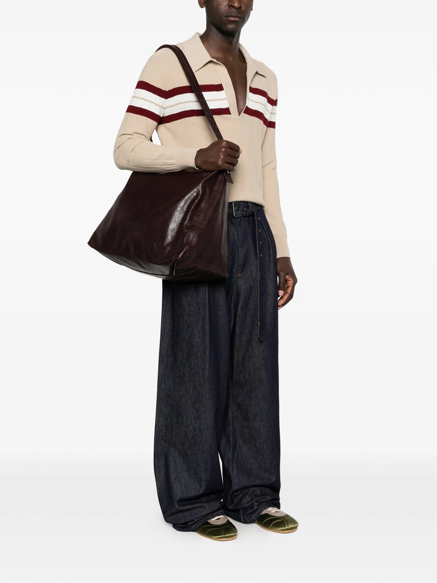 belted shiny leather shoulder bag