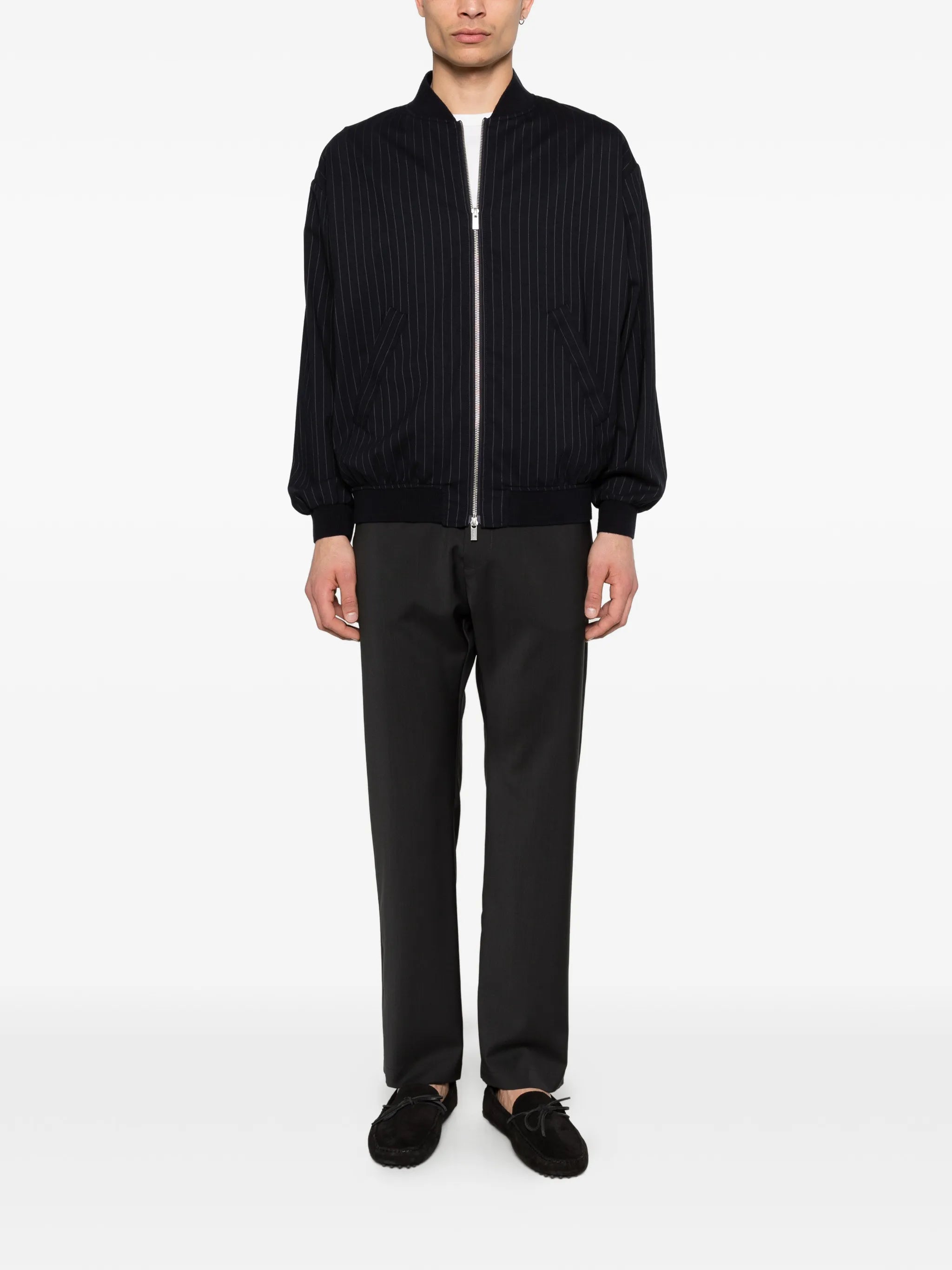 pinstripe zip-up bomber jacket
