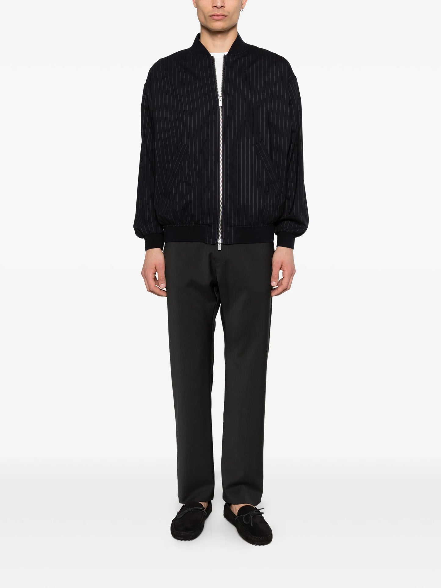 pinstripe zip-up bomber jacket