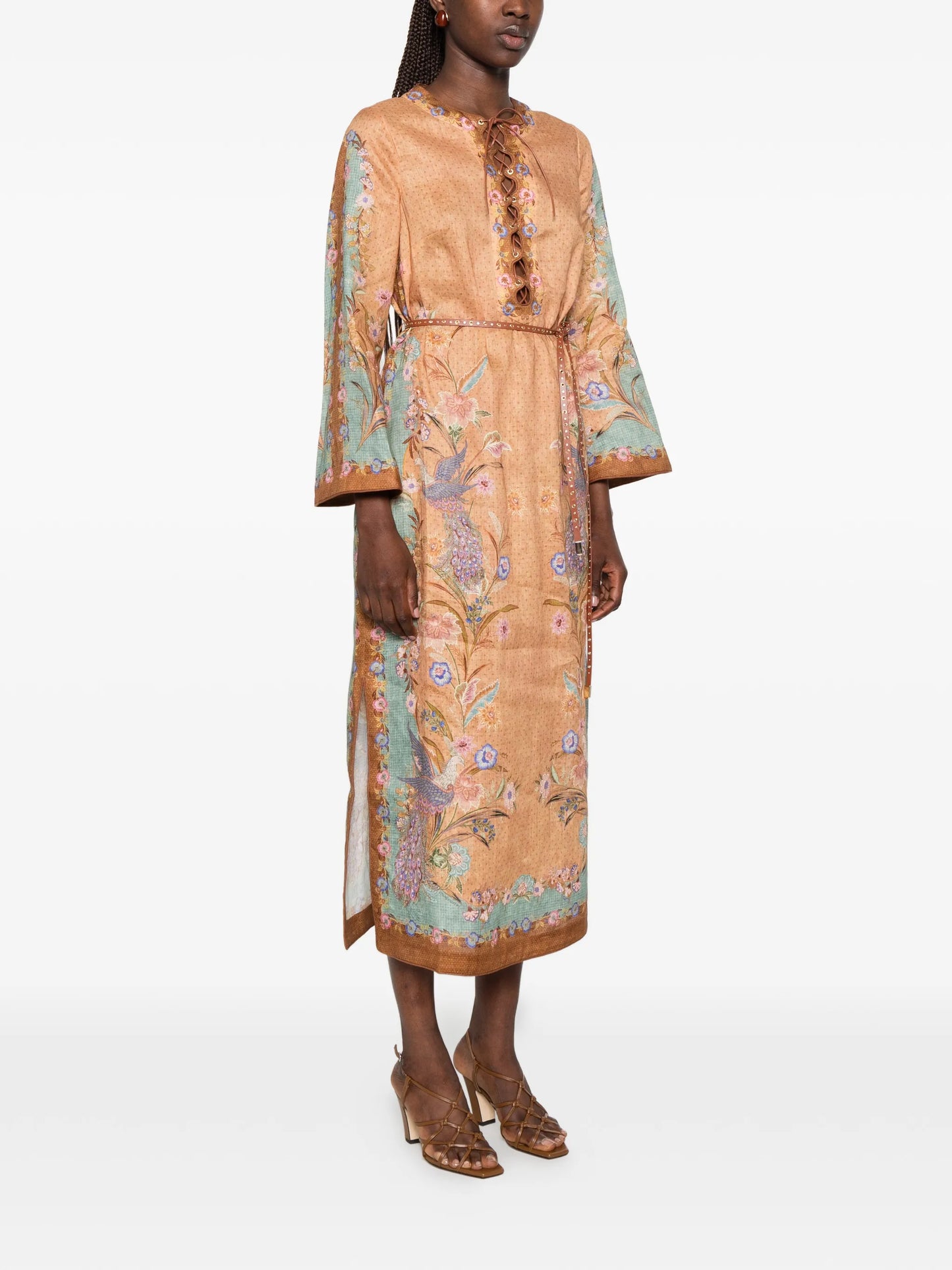Indra lace-up floral-print midi dress