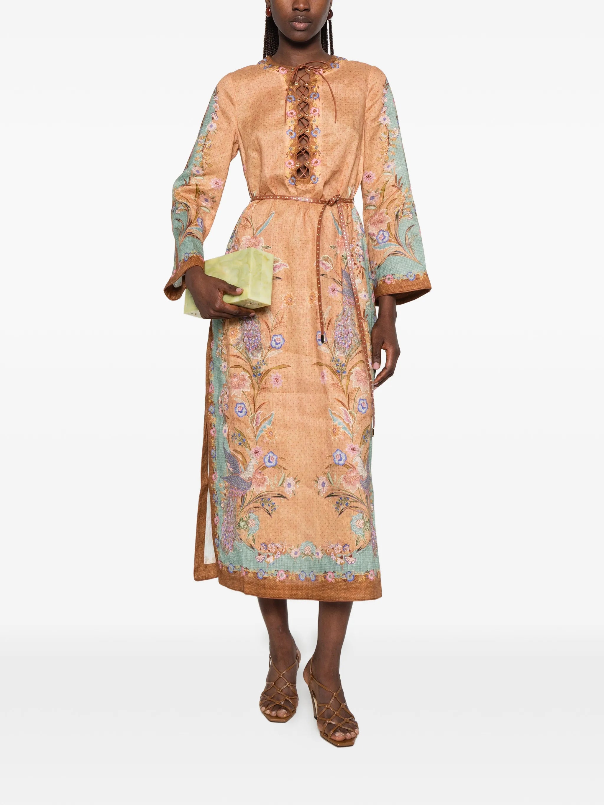 Indra lace-up floral-print midi dress