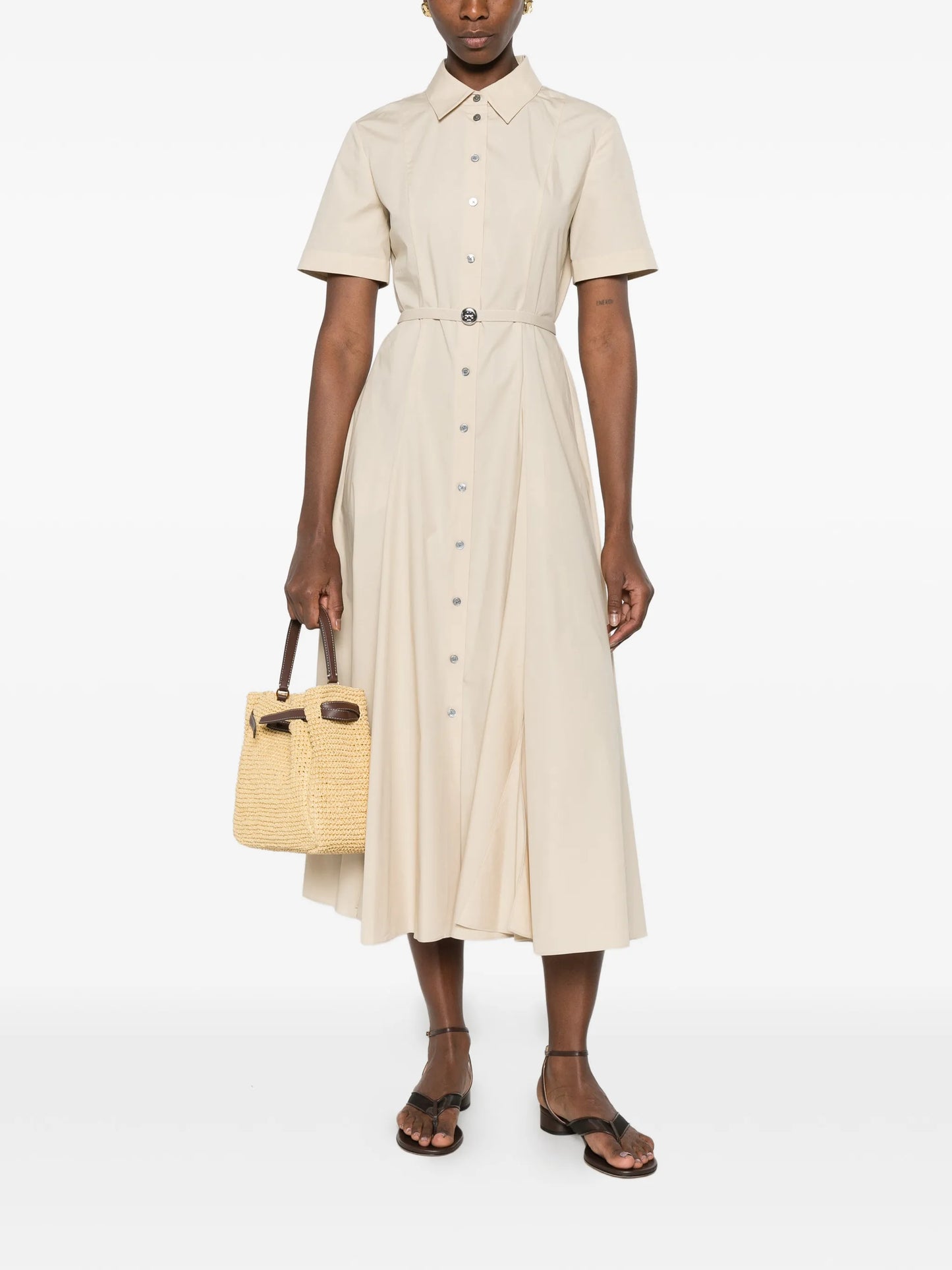 belted short-sleeve midi shirt dress