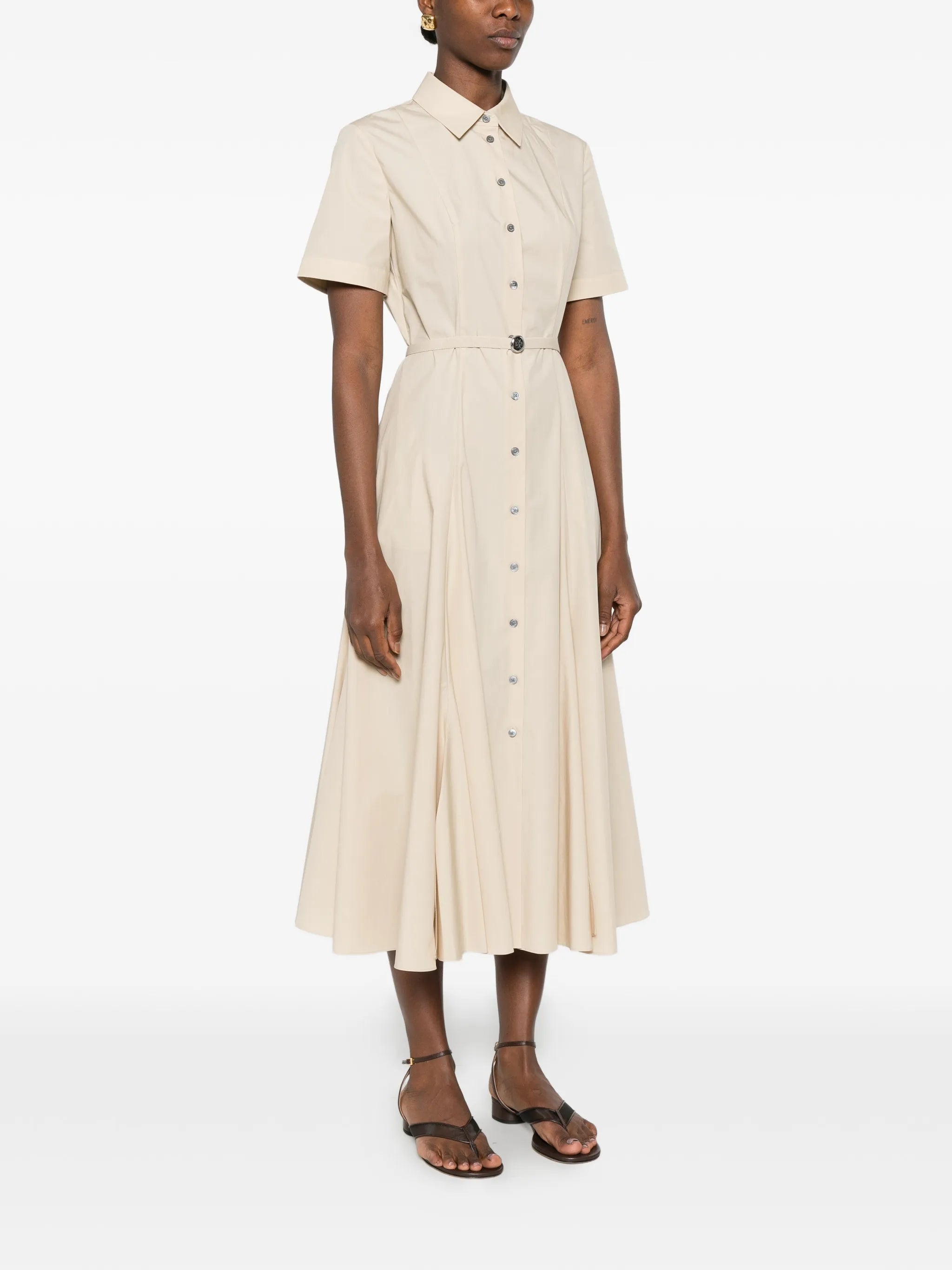belted short-sleeve midi shirt dress