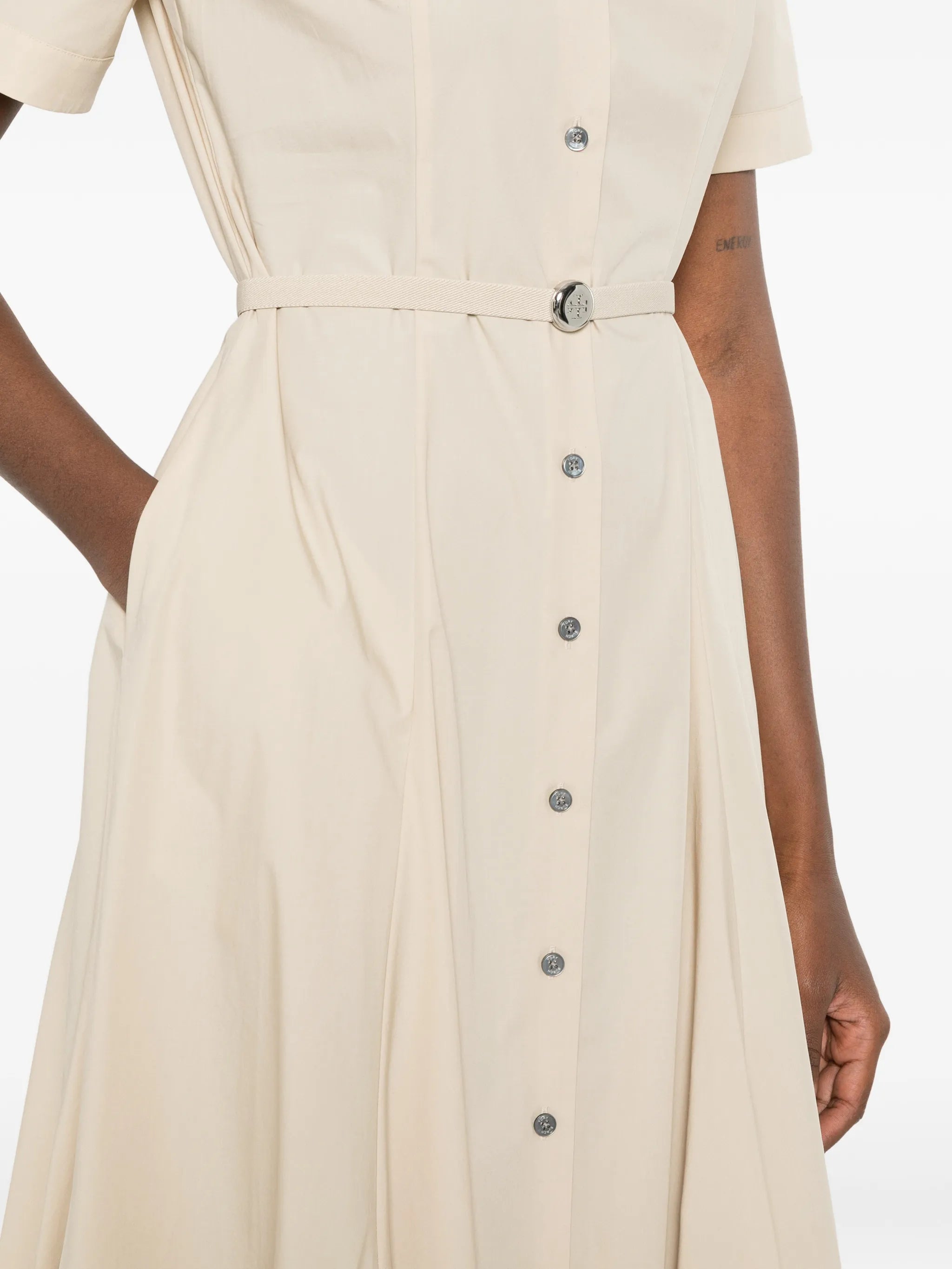 belted short-sleeve midi shirt dress