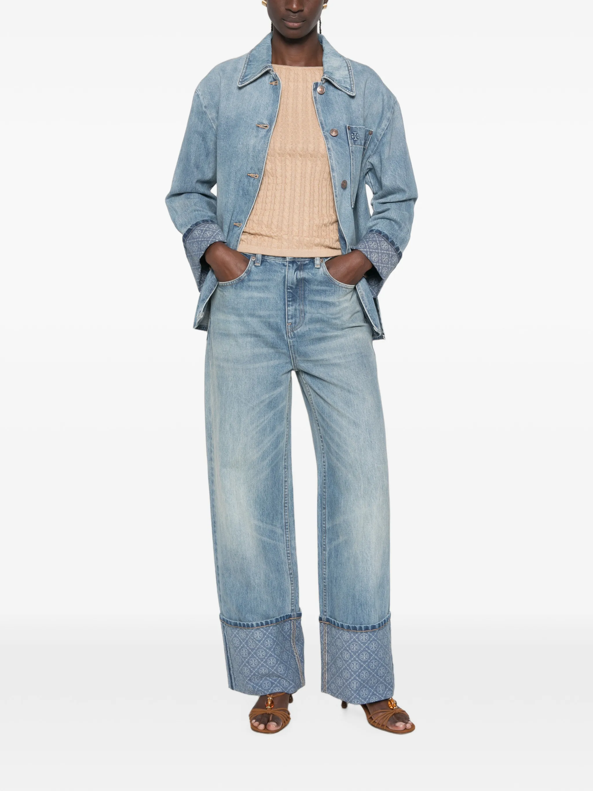 contrast cuff straight leg jeans