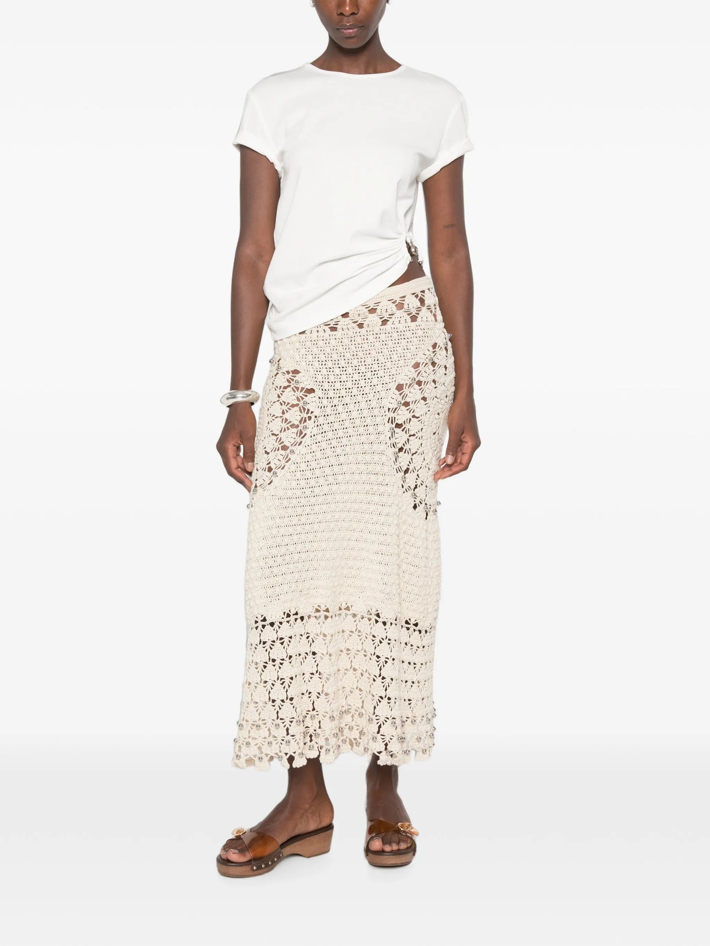 crochet-fabric bead-embellished maxi skirt