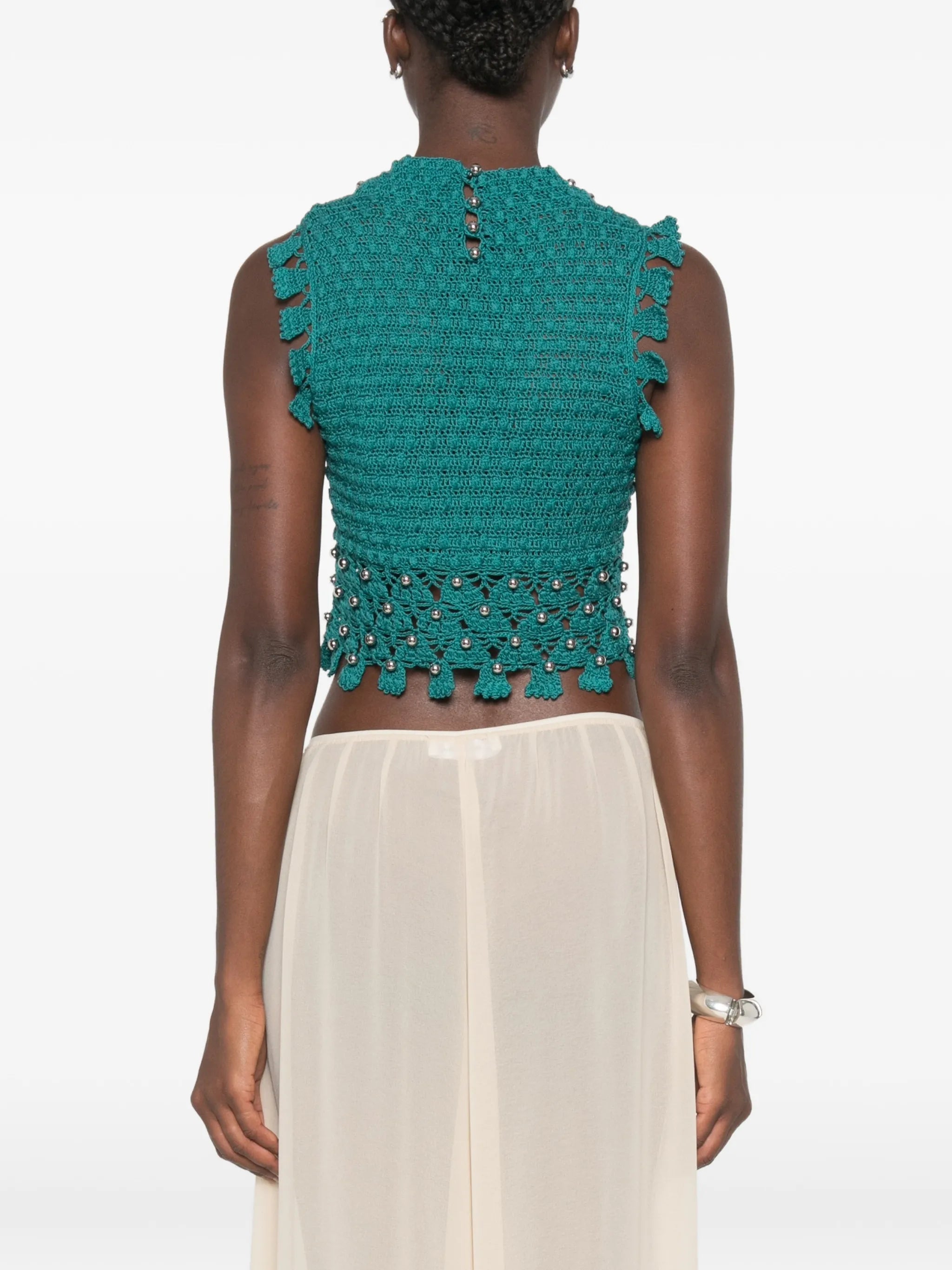crochet-knit sphere-embellished top