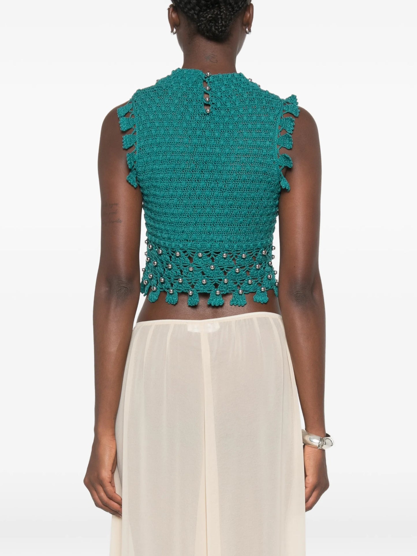 crochet-knit sphere-embellished top