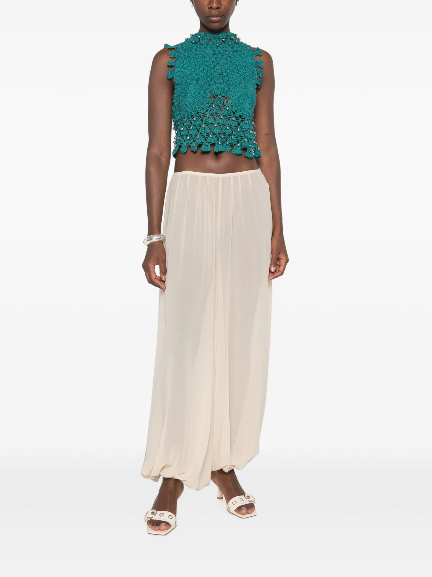 crochet-knit sphere-embellished top