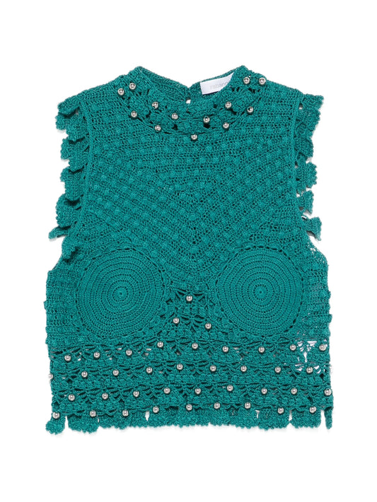 crochet-knit sphere-embellished top