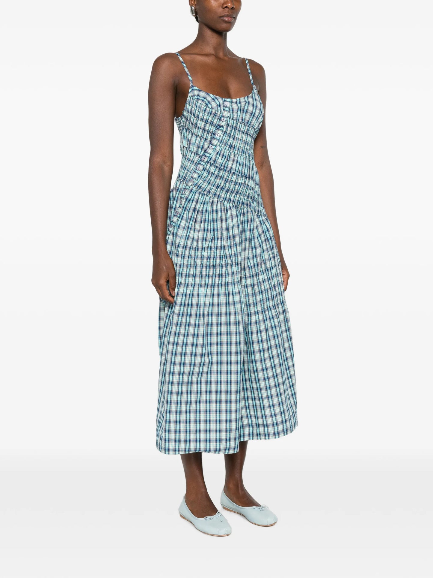 Lyra shirred checked midi dress