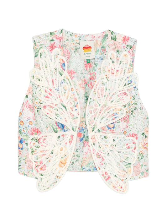 butterfly-appliqué floral-print vest