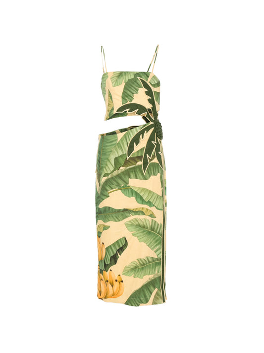 Fruit Banana Leaves cut-out midi dress