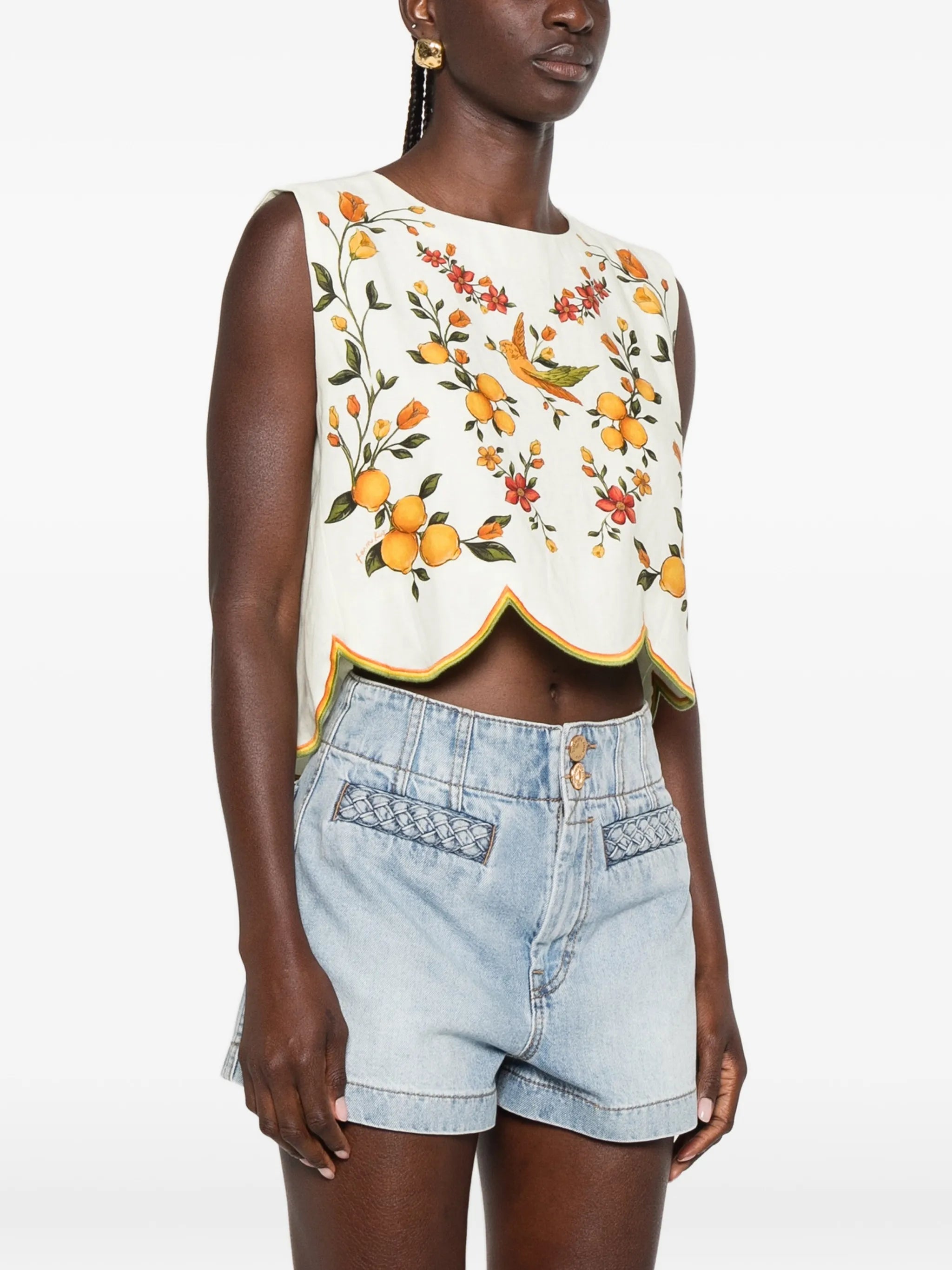 printed scalloped-hem blouse
