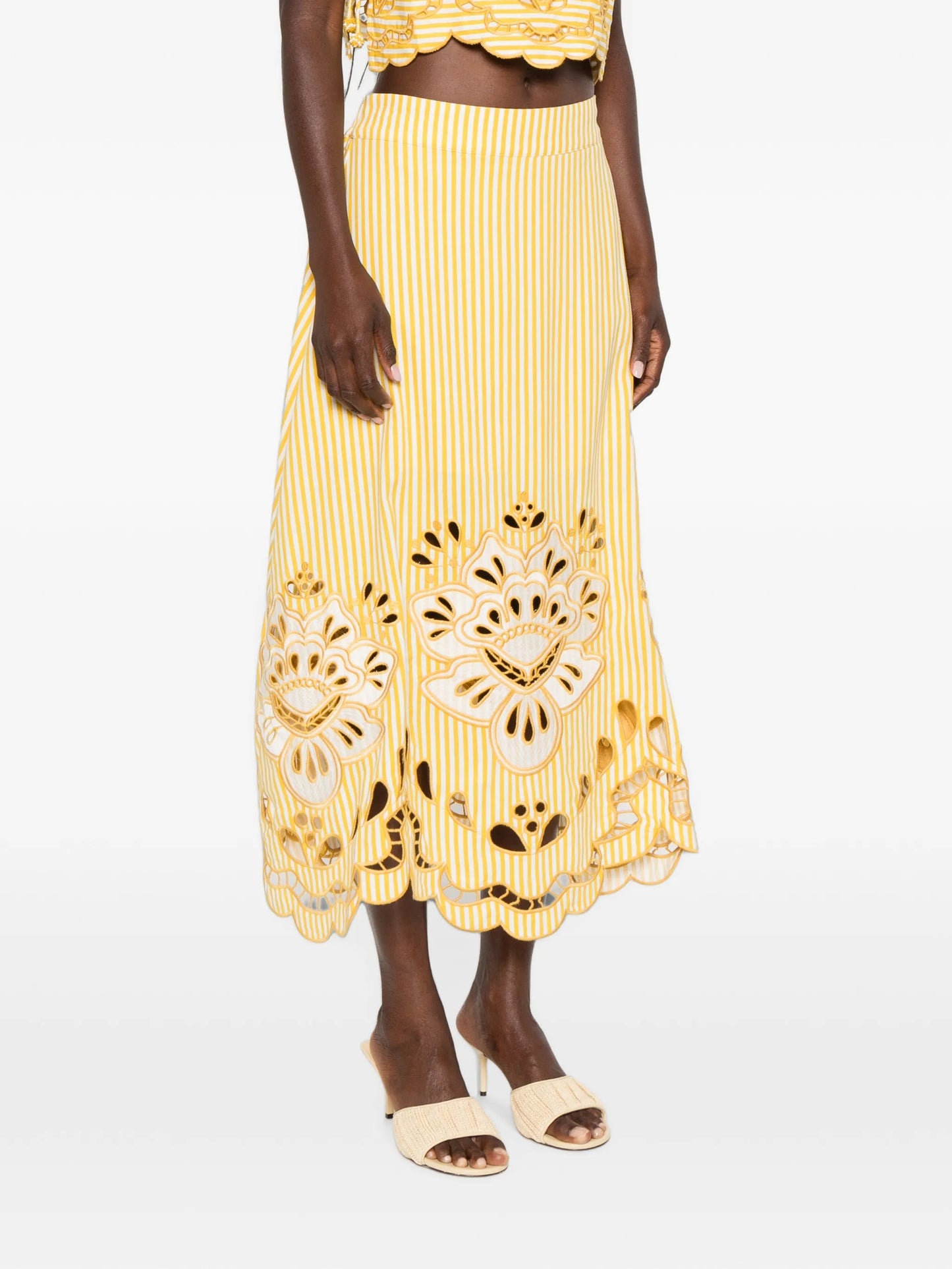 embroidered striped midi skirt
