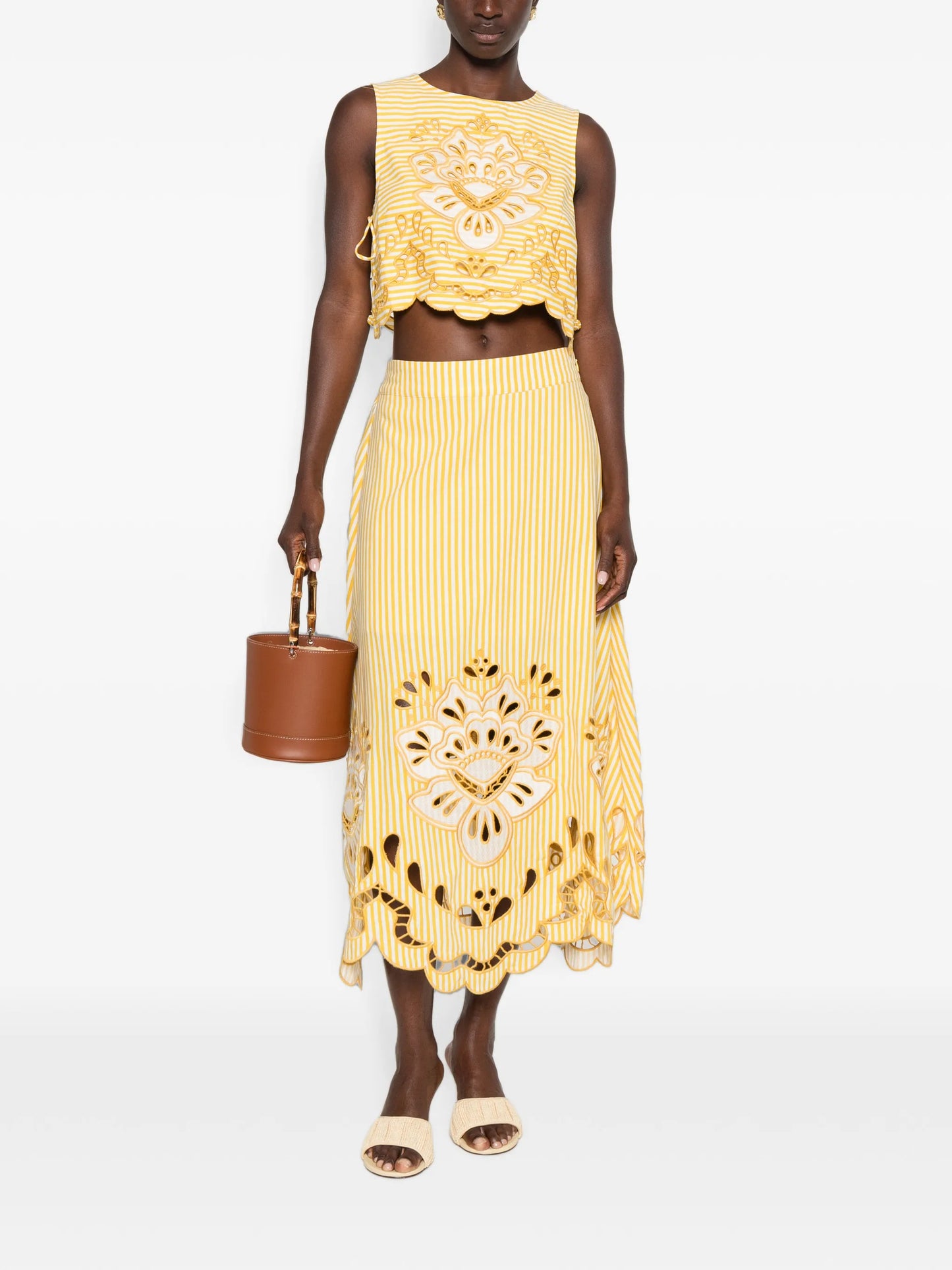 embroidered striped midi skirt