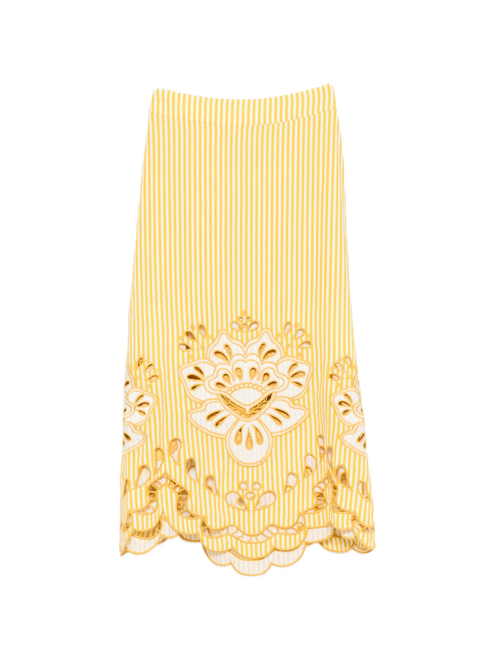 embroidered striped midi skirt