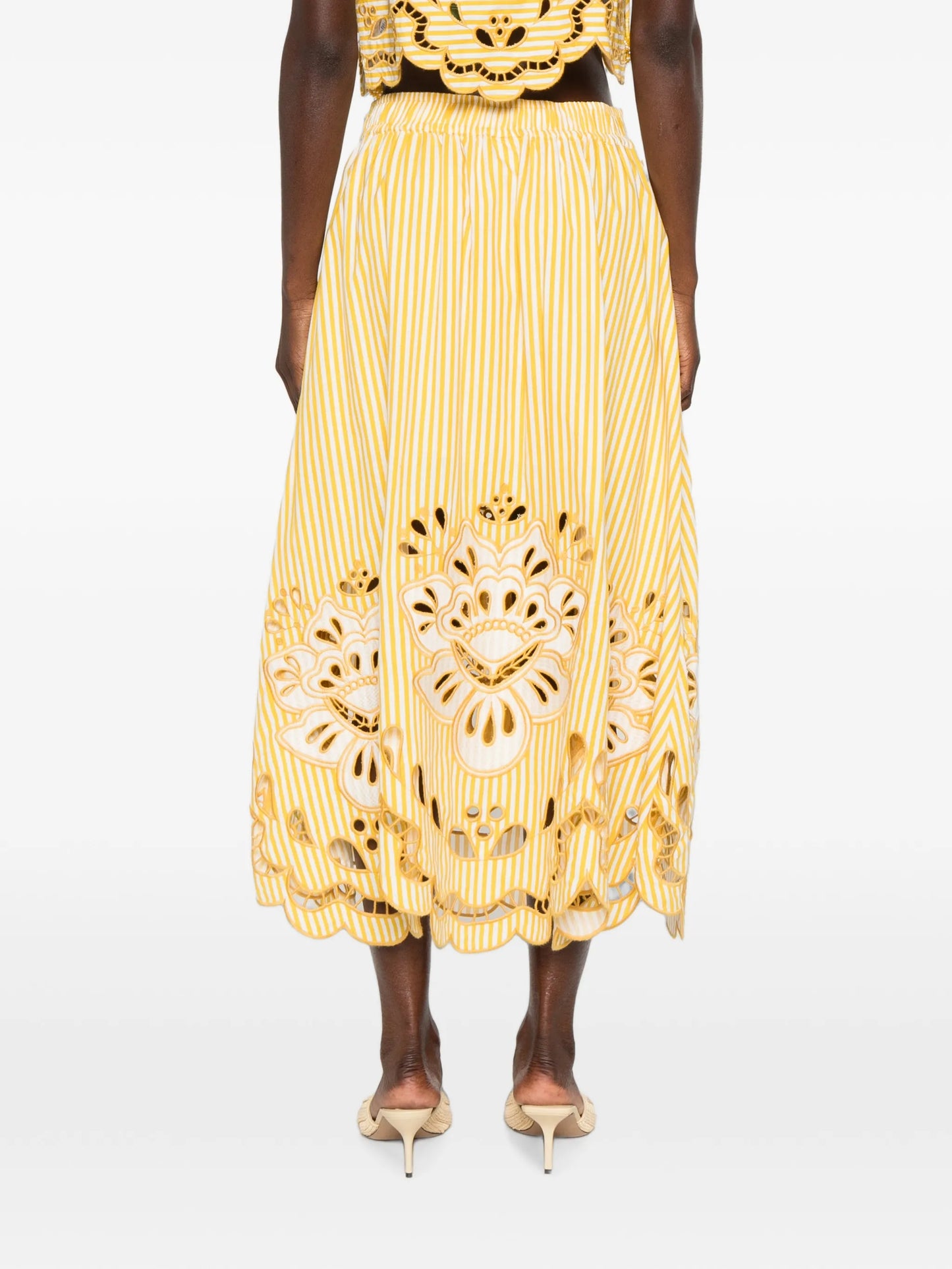 embroidered striped midi skirt