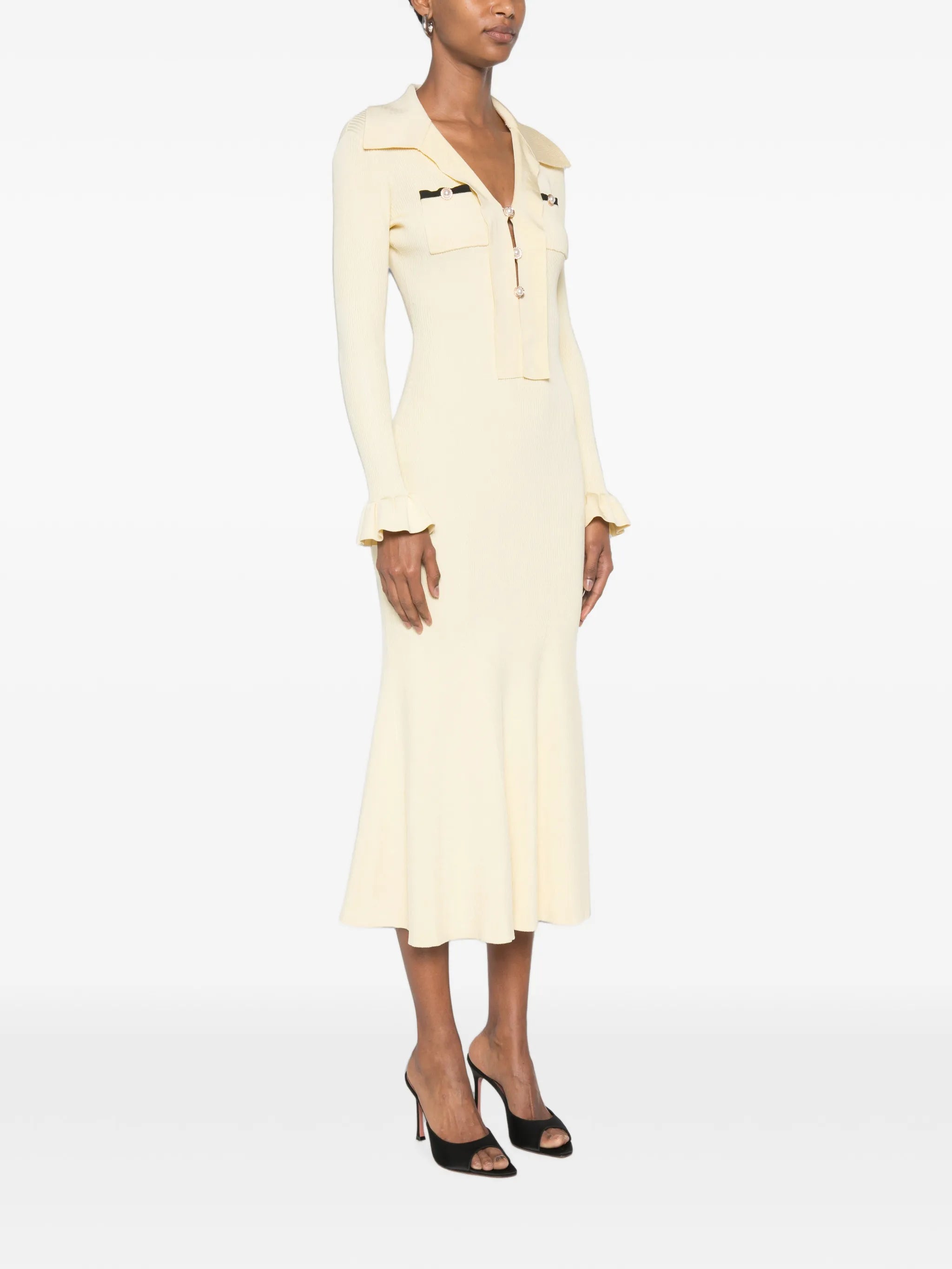 ruffled ribbed-knit midi dress