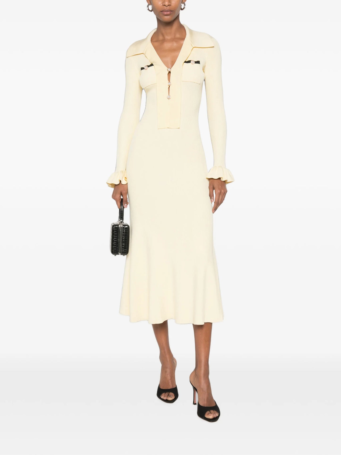 ruffled ribbed-knit midi dress