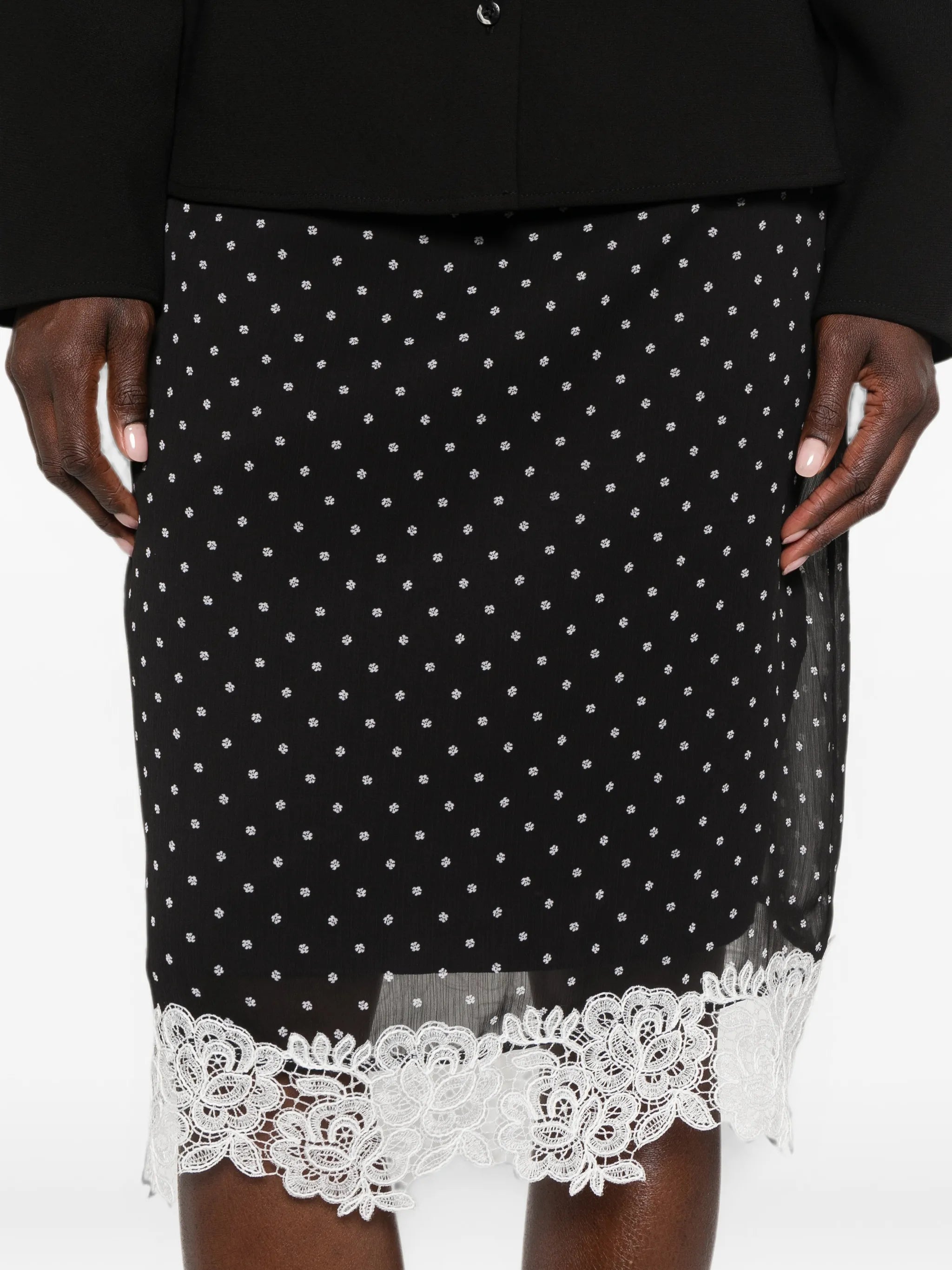 polka-dot lace-trim midi skirt