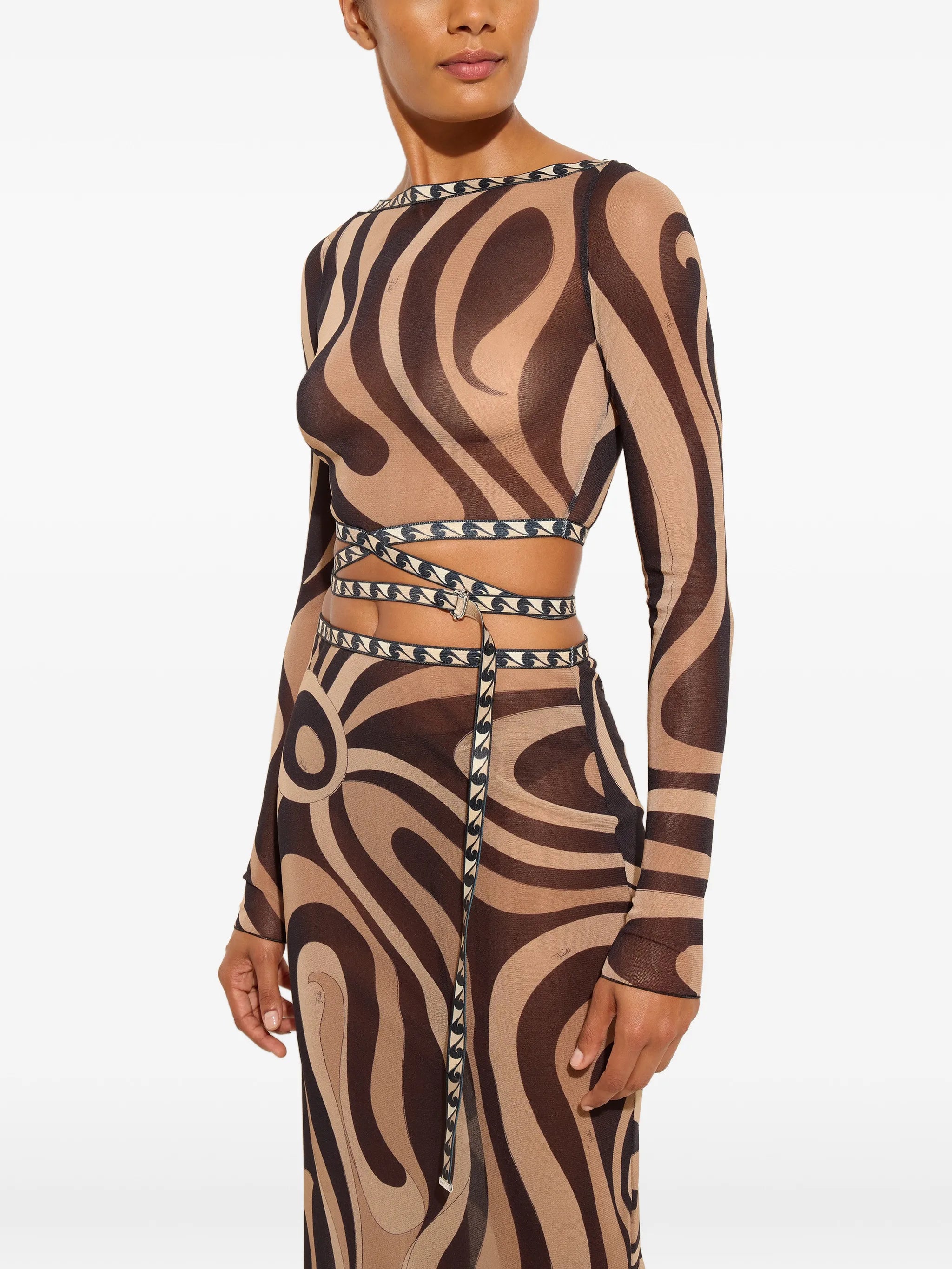 Marmo-print tulle crop top