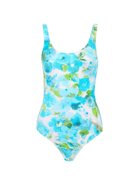 aqua flower-print one-piece swimsuit