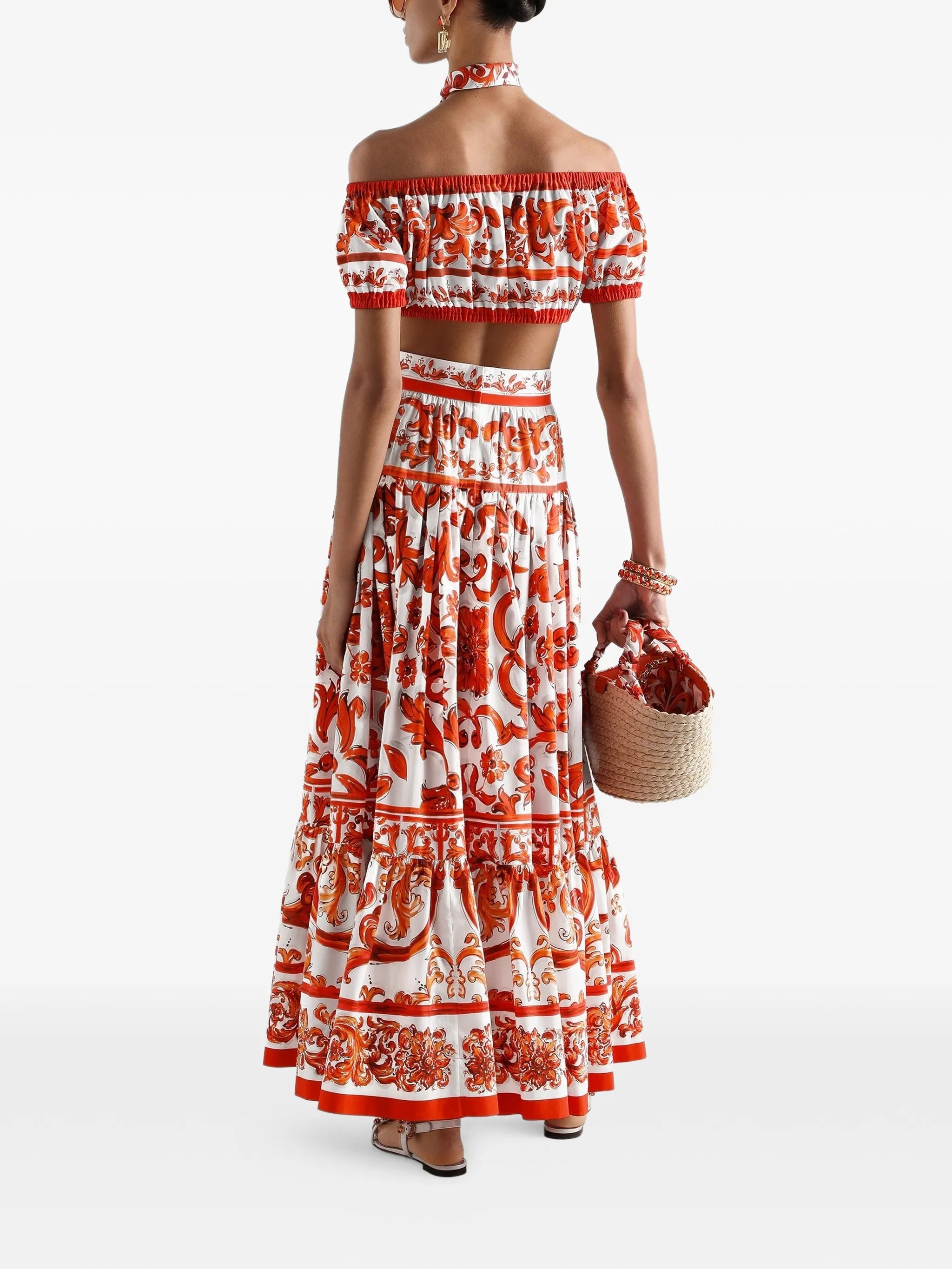 Majolica-print poplin long skirt