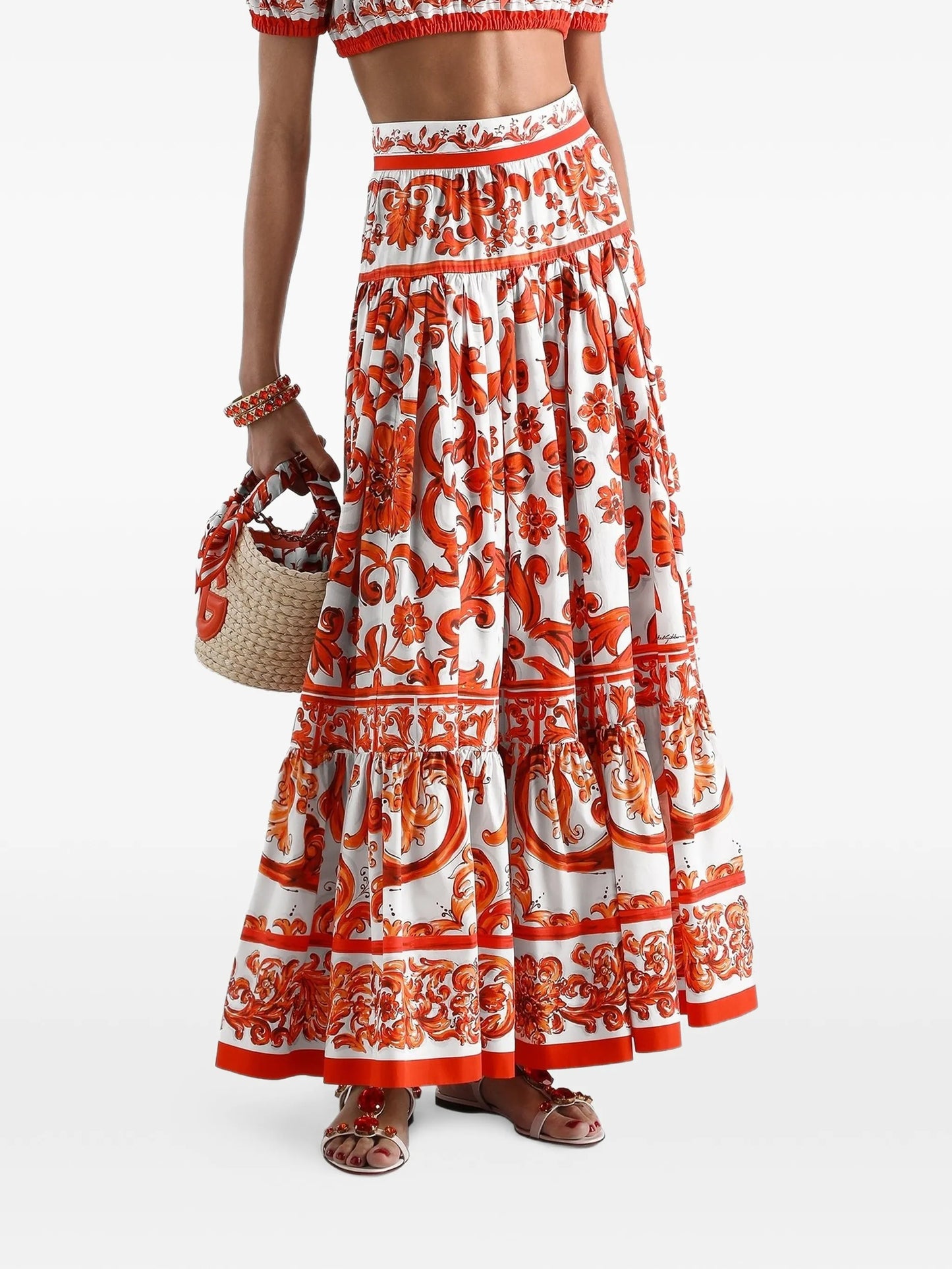 Majolica-print poplin long skirt