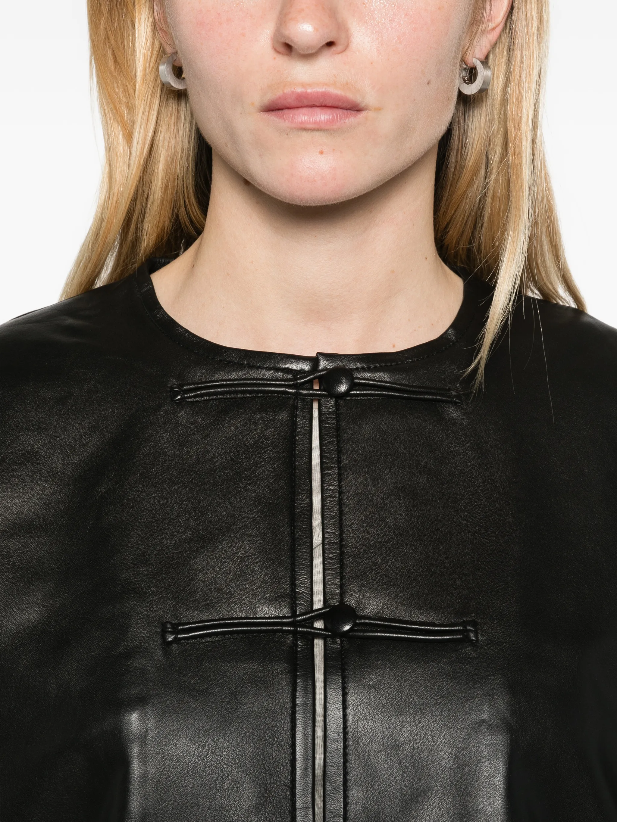 button-detail cocoon leather jacket - black