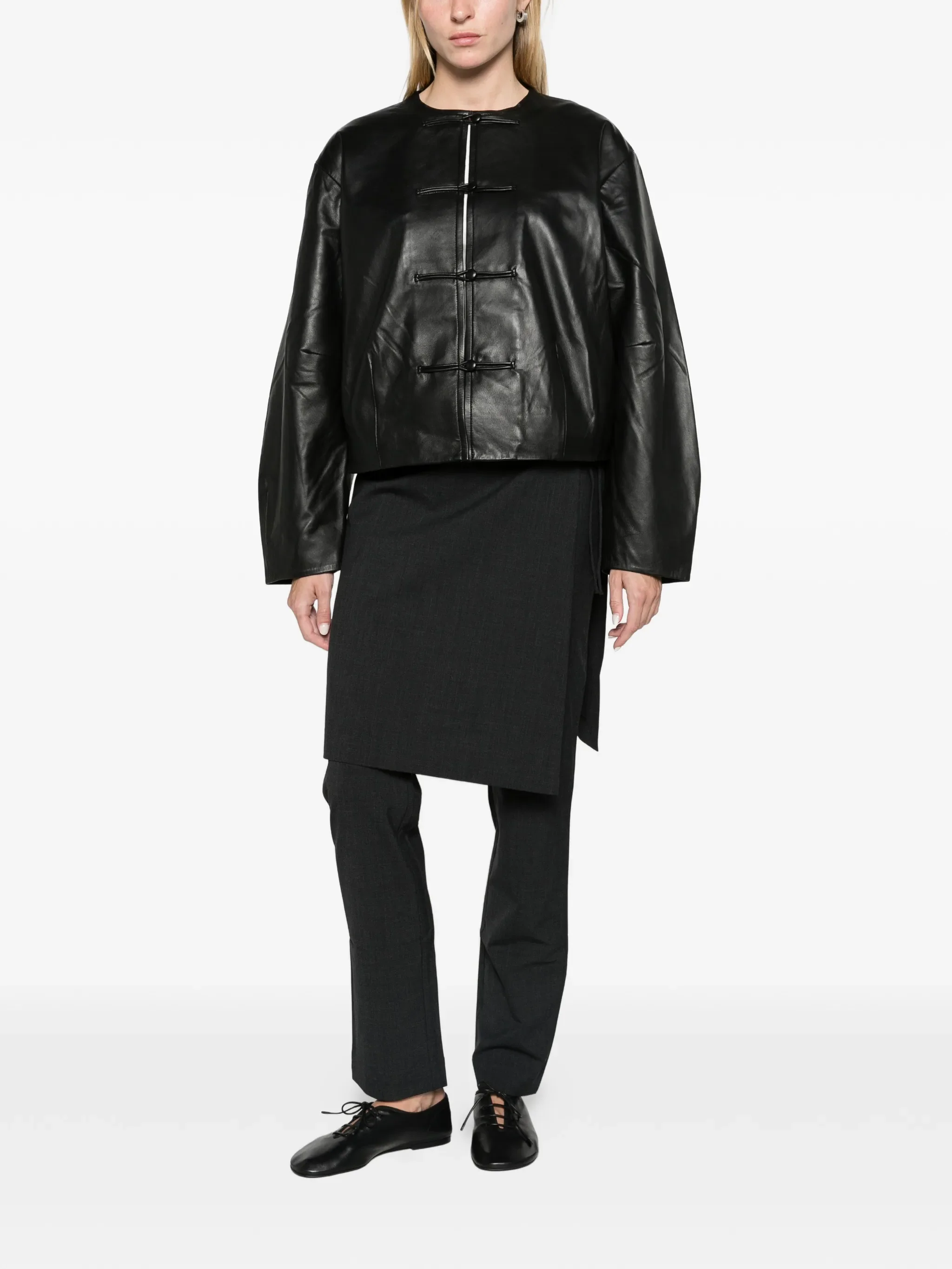 button-detail cocoon leather jacket - black
