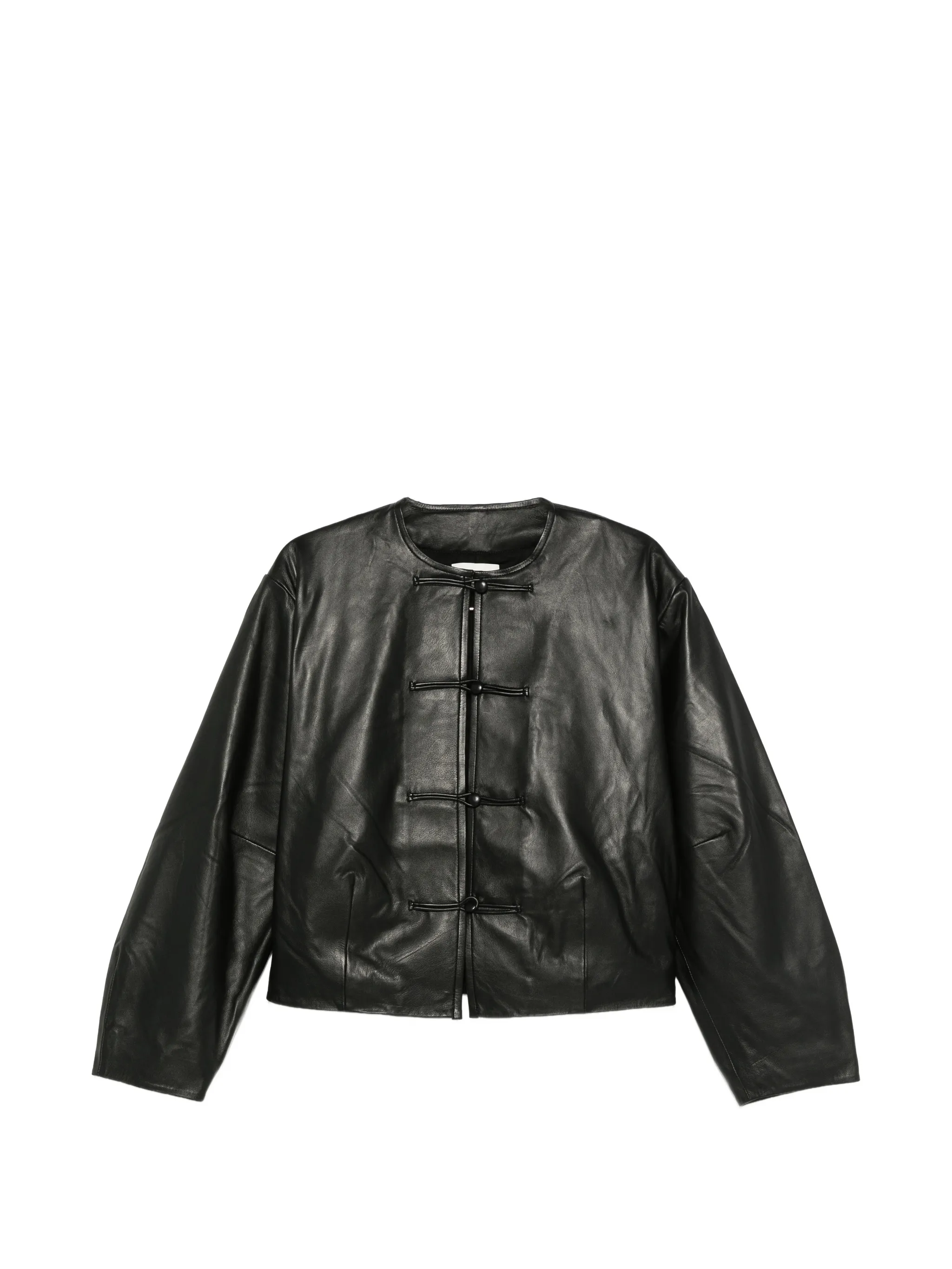button-detail cocoon leather jacket - black