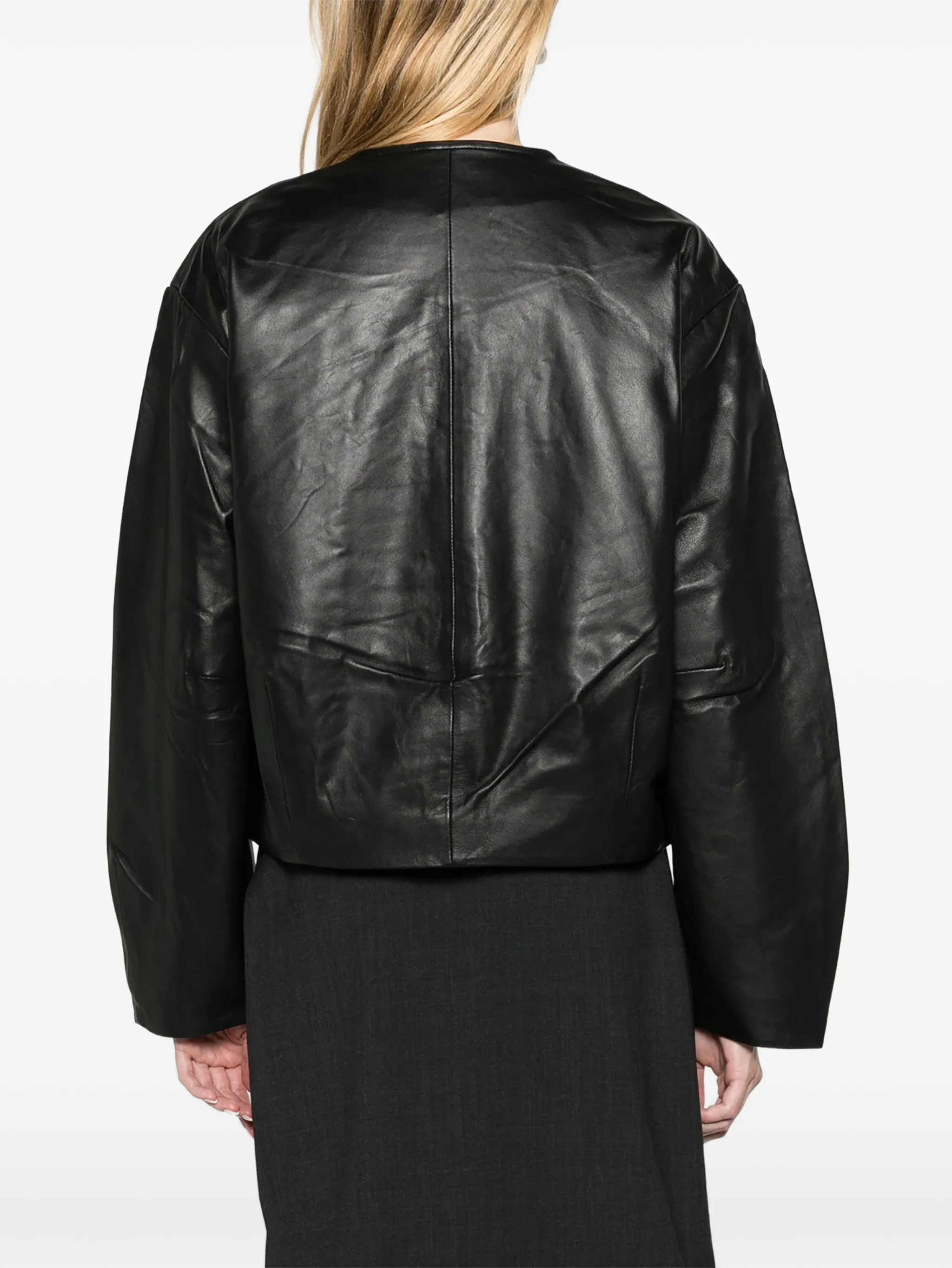 button-detail cocoon leather jacket - black