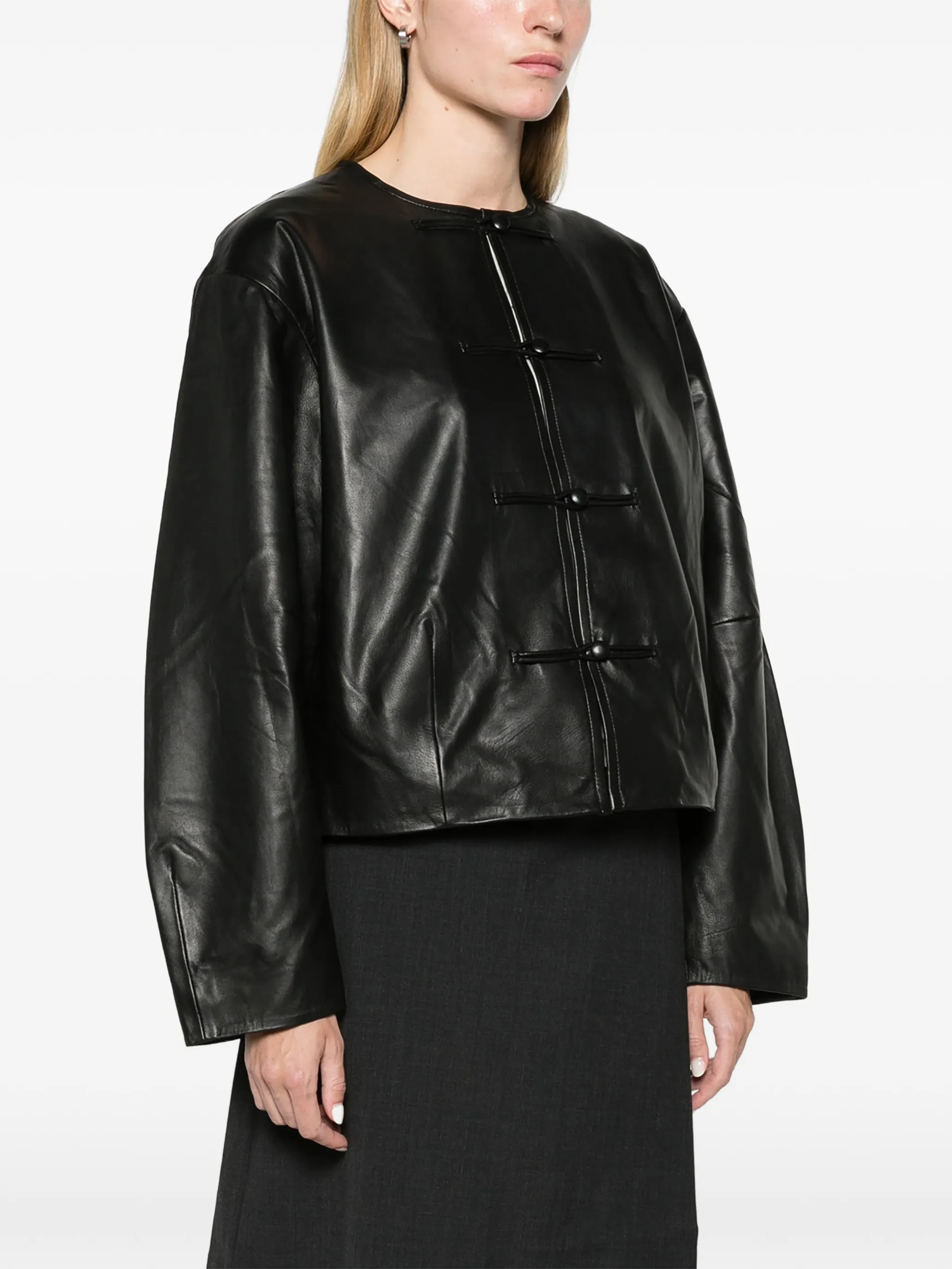 button-detail cocoon leather jacket - black