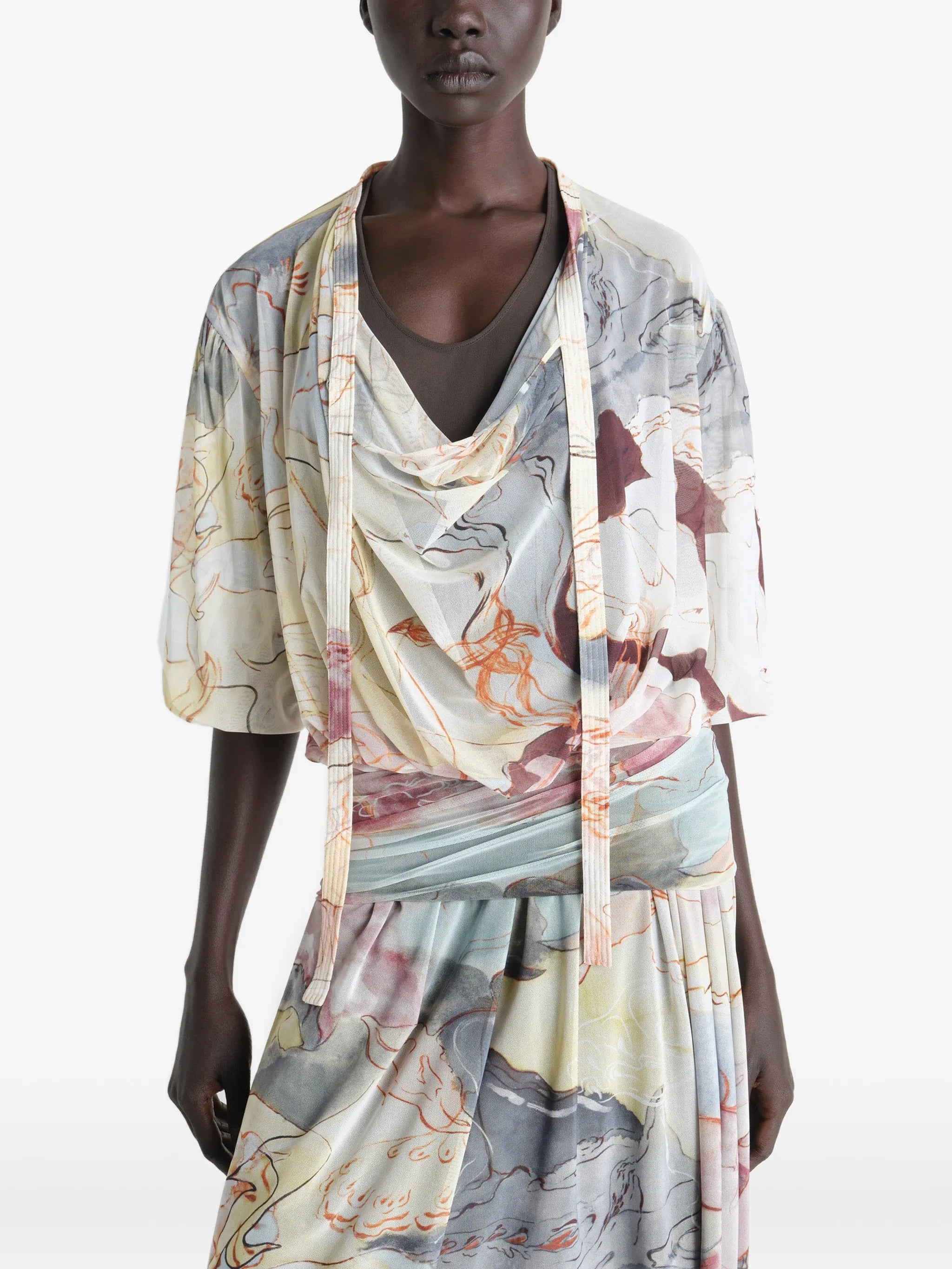 draped floral print dress