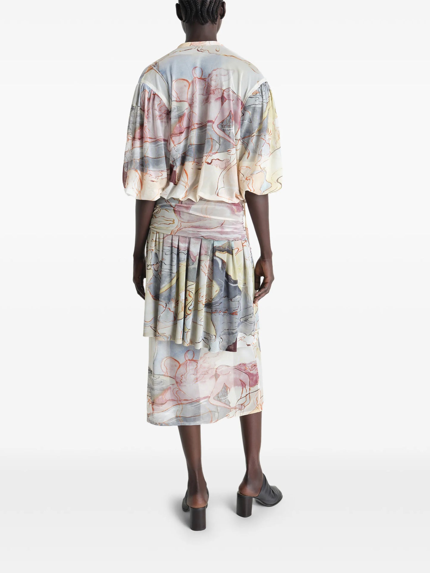 draped floral print midi dress