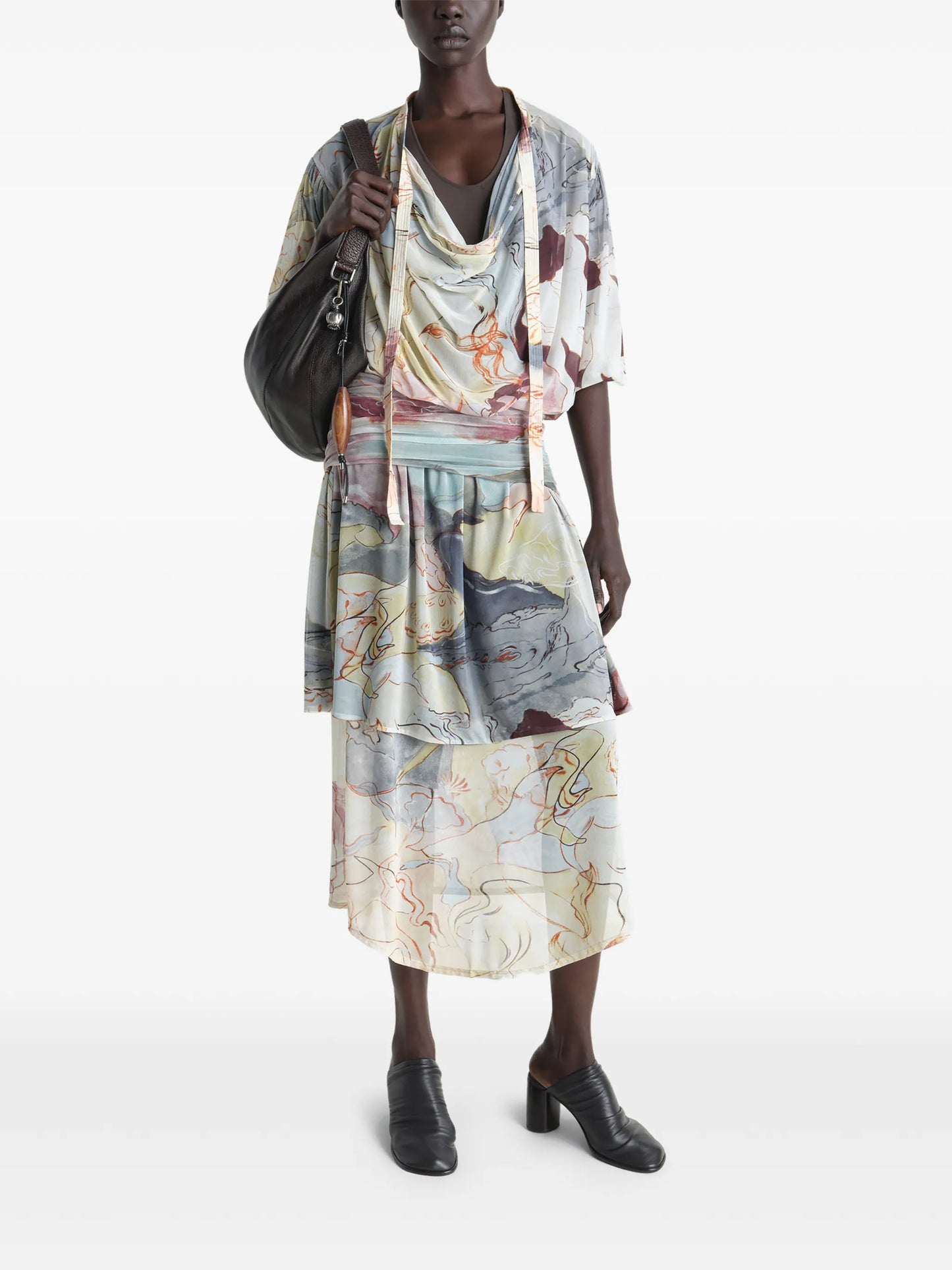 draped floral print dress