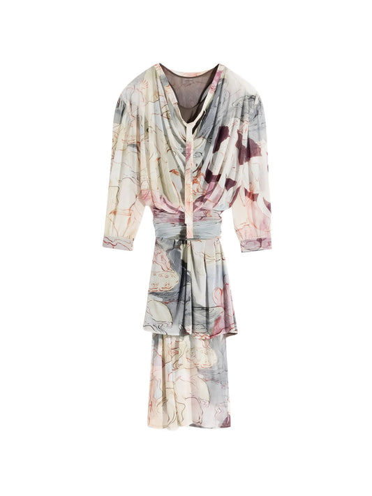 draped floral print midi dress