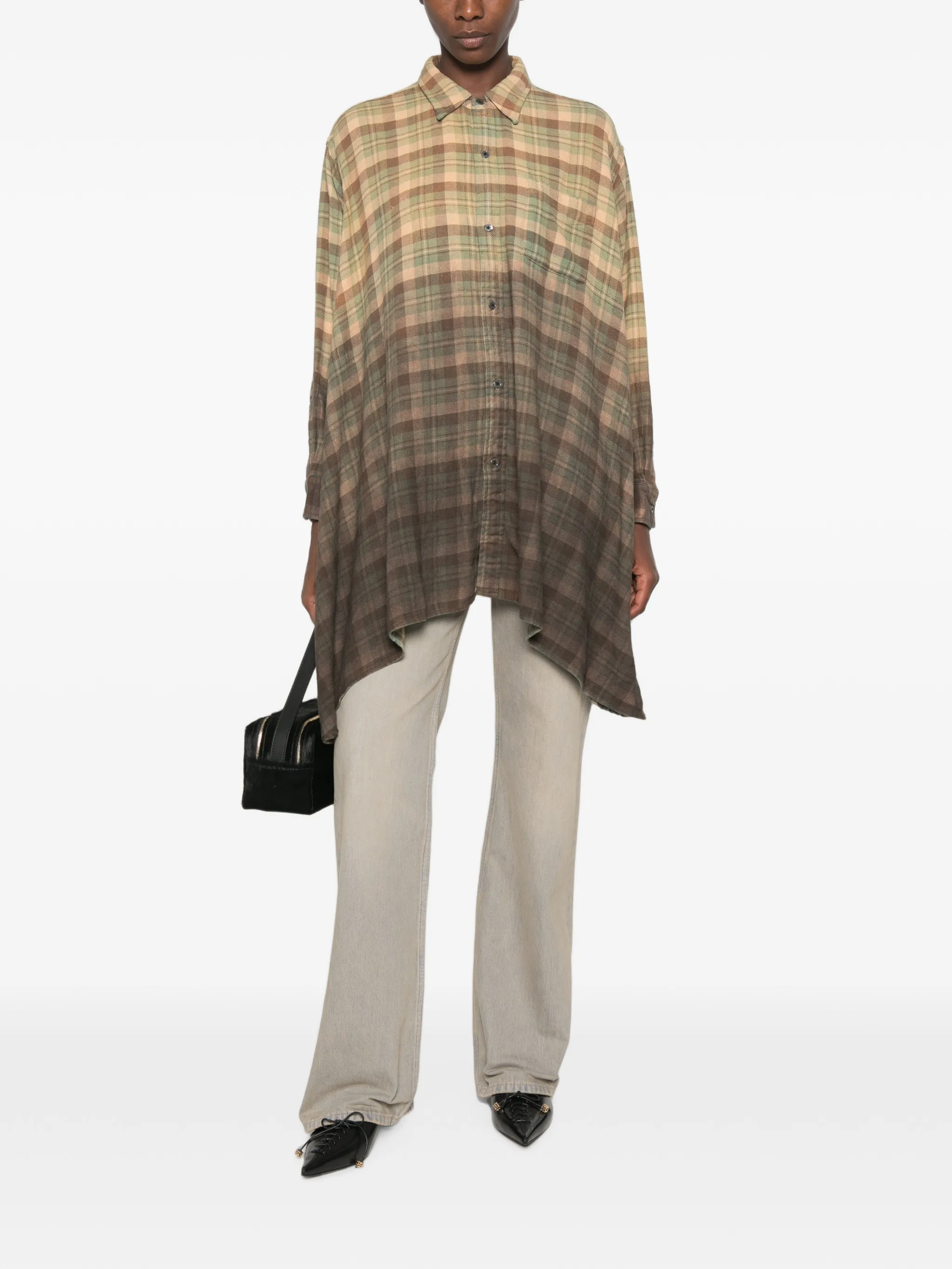 Draped Front Shirt khaki to brown ombre plaid