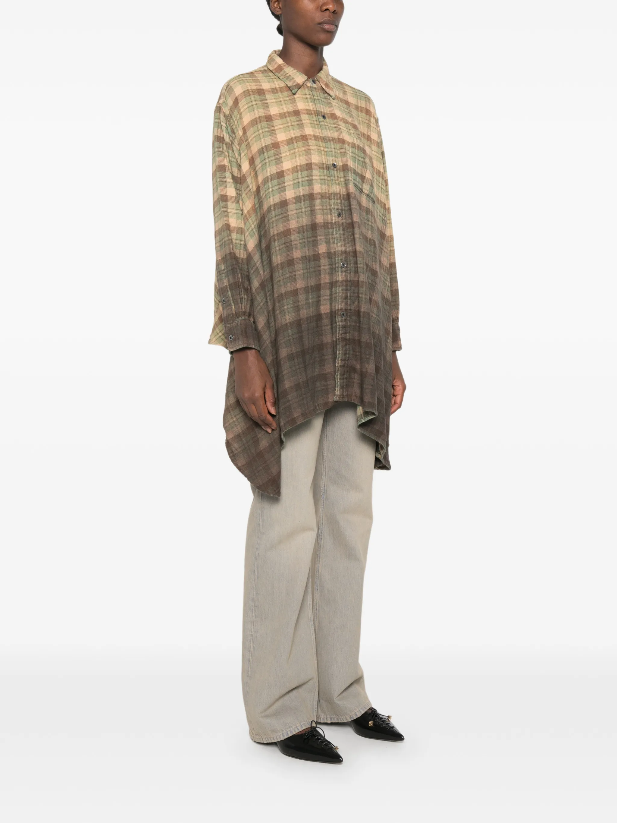 Draped Front Shirt khaki to brown ombre plaid