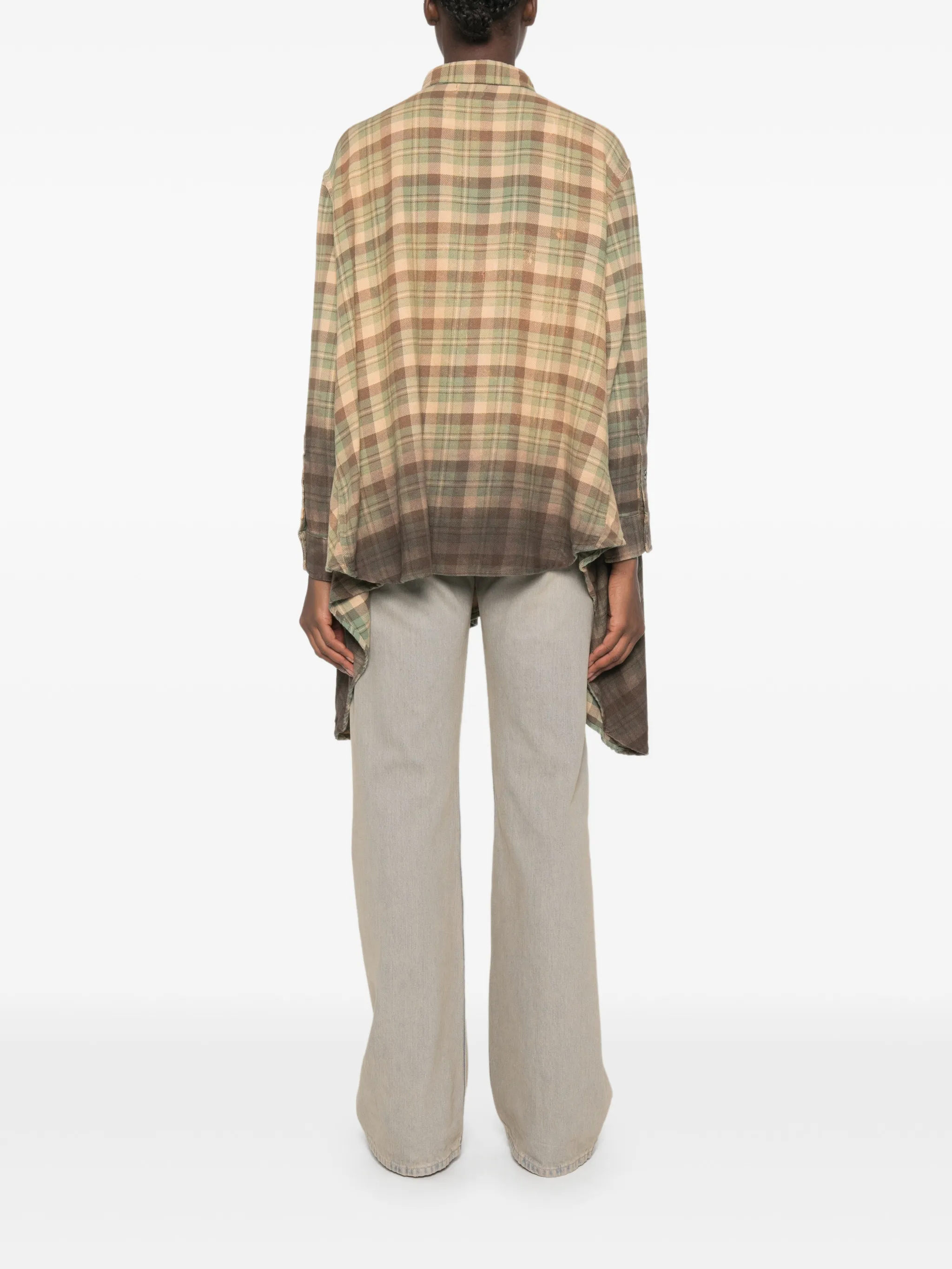 Draped Front Shirt khaki to brown ombre plaid