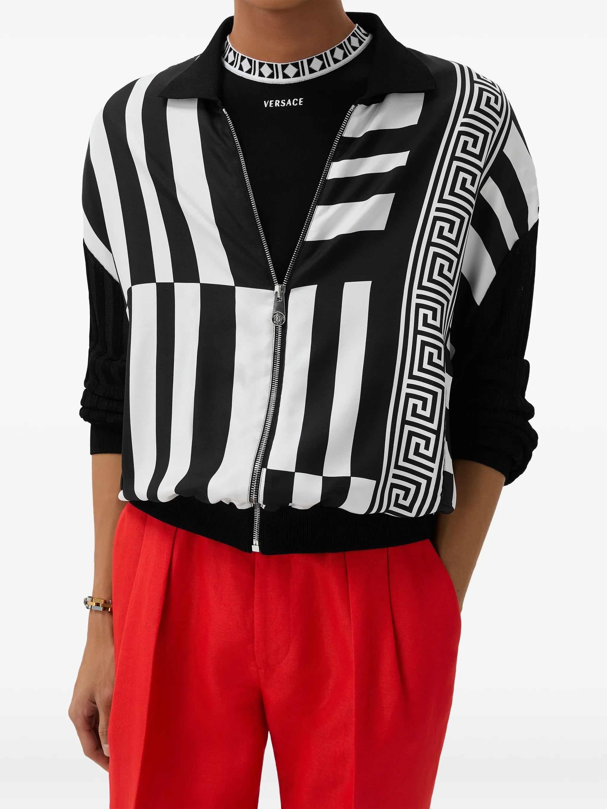 printed silk inserts knit zip cardigan