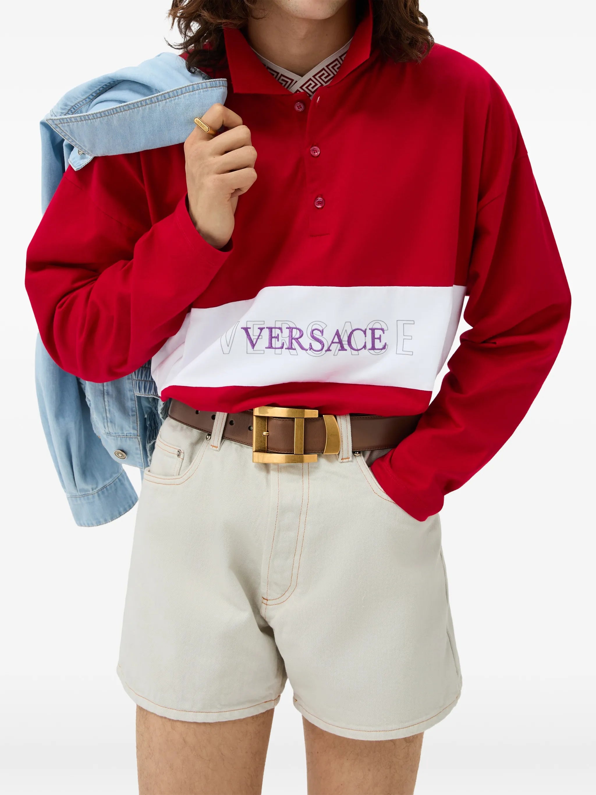 embroidered-logo intarsia cotton-jersey polo