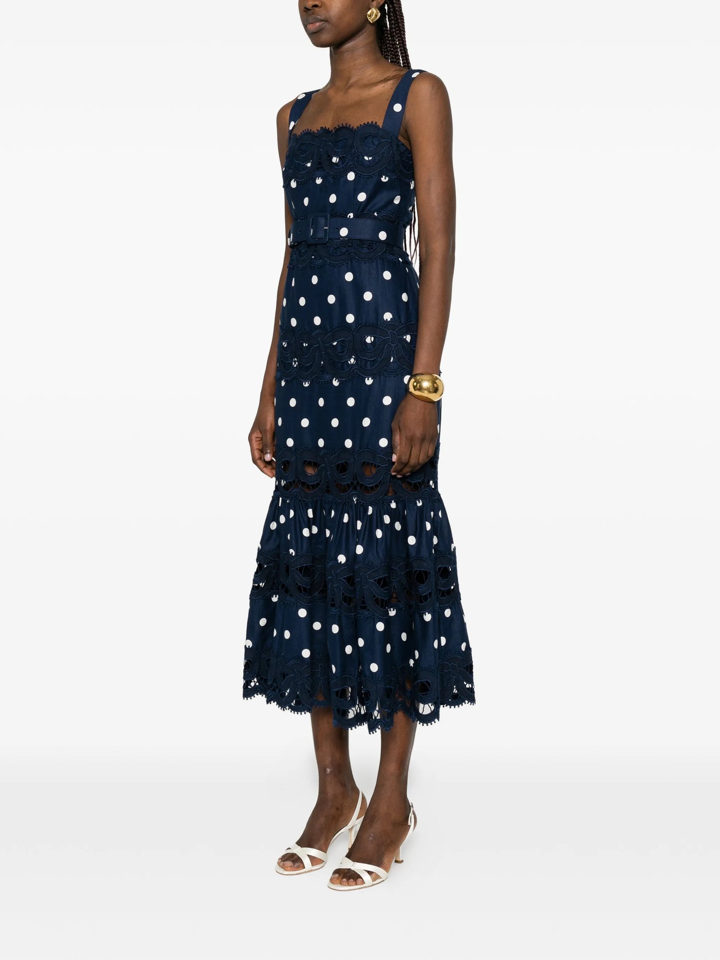 polka-dot scallop-trims midi dress