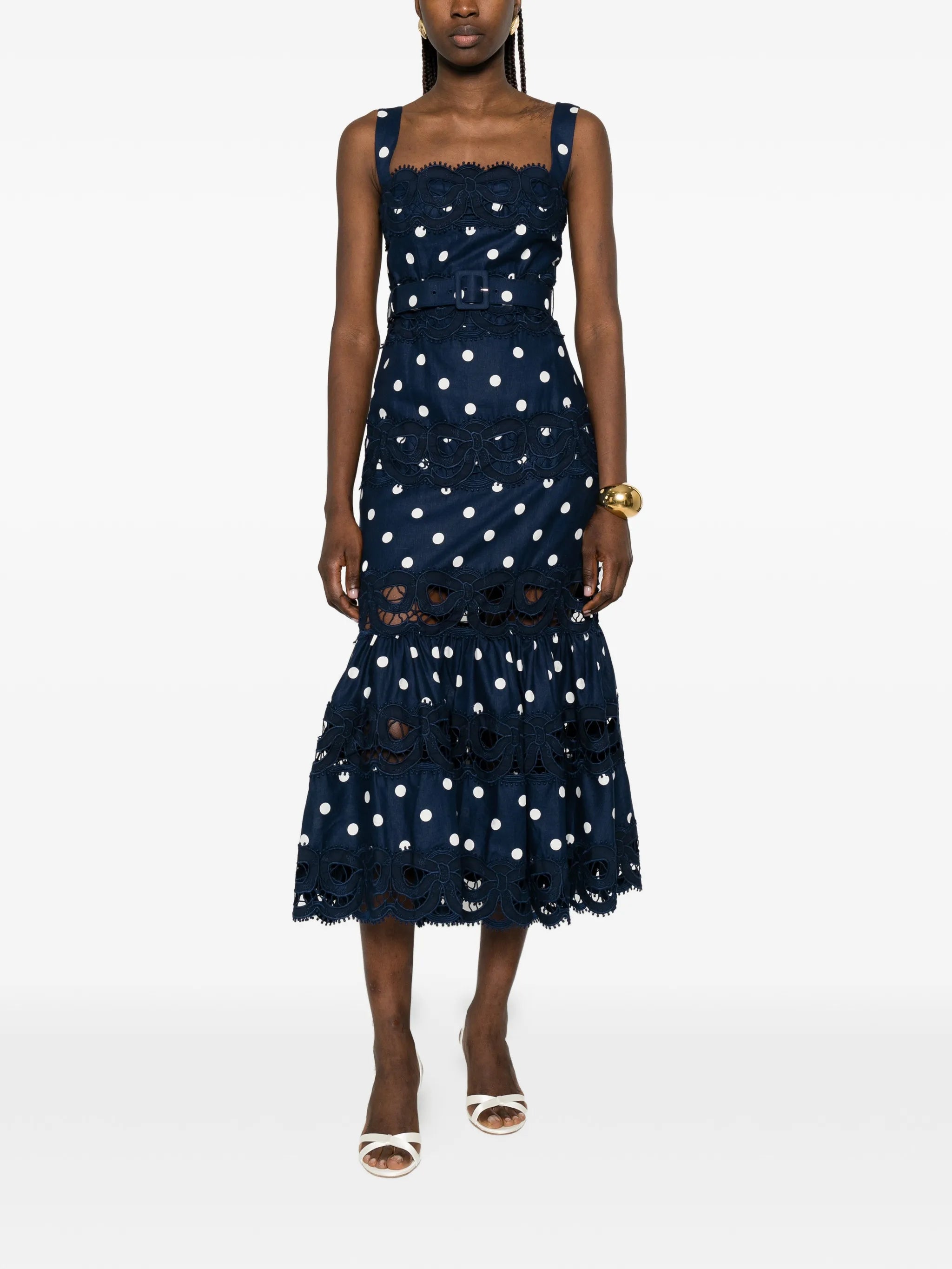 polka-dot scallop-trims midi dress