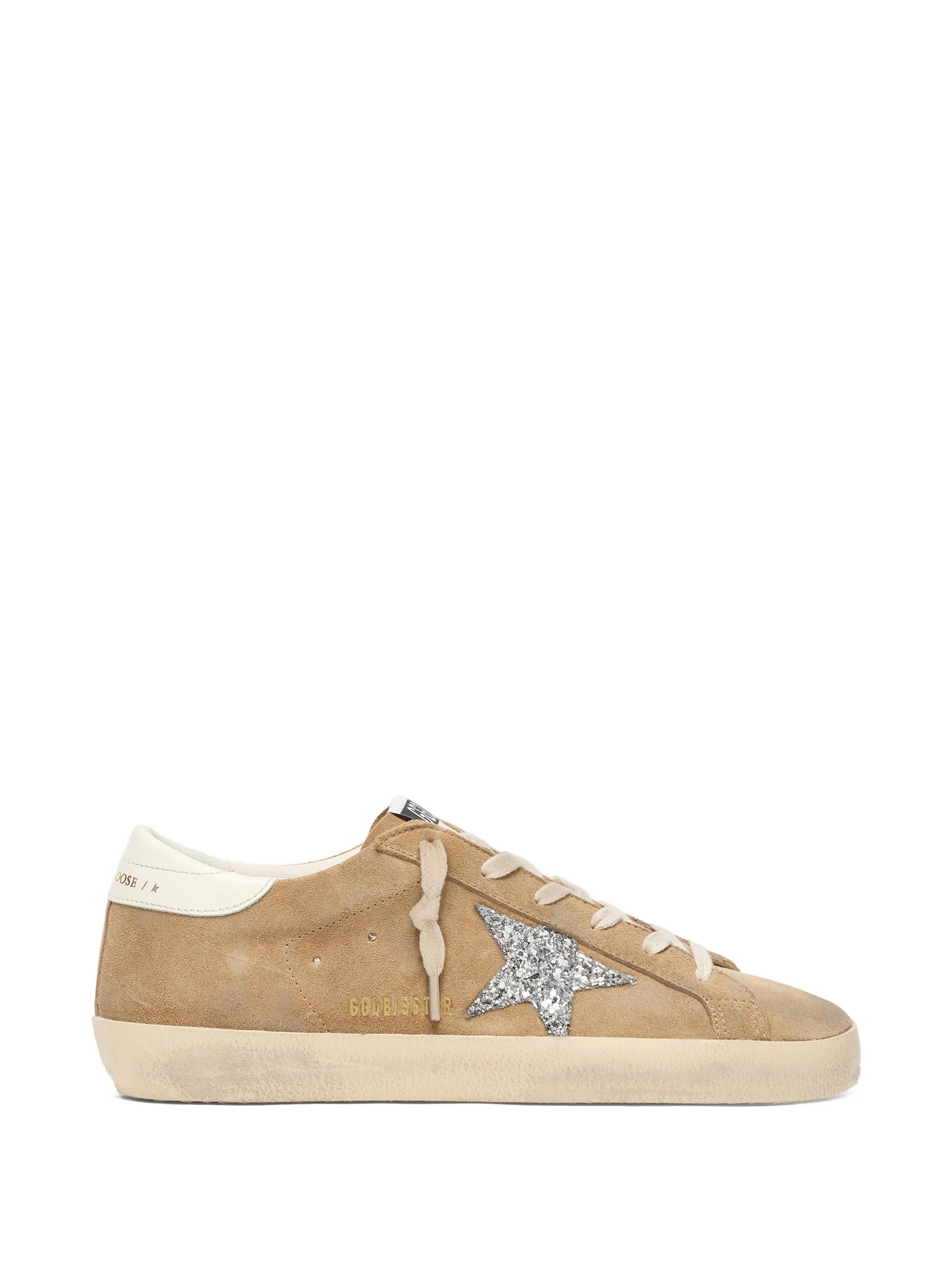 Super-Star in tobacco suede with silver glitter star sneakers