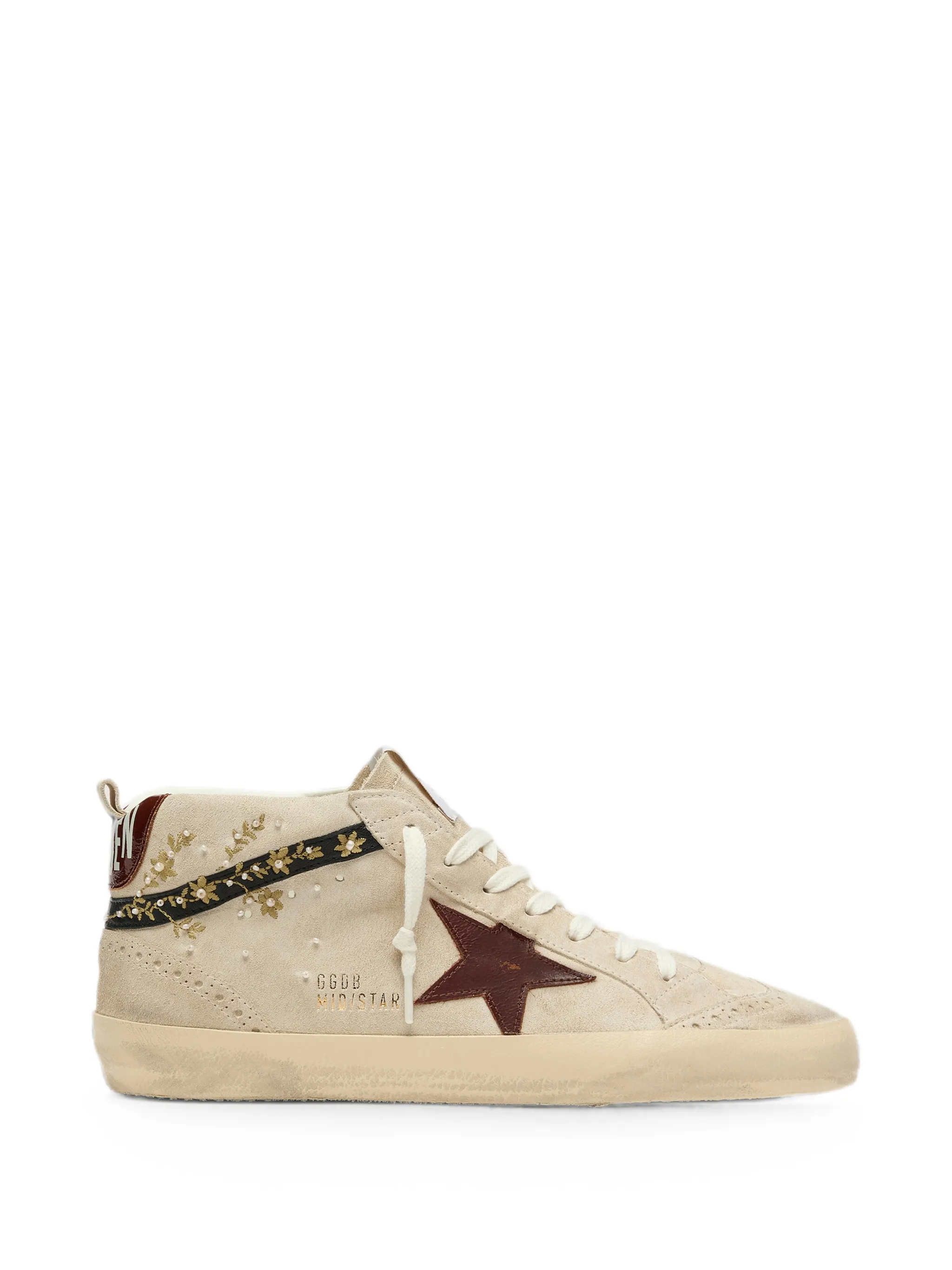 Mid Star in pearl suede with burgundy leather star and embroidery inserts sneakers