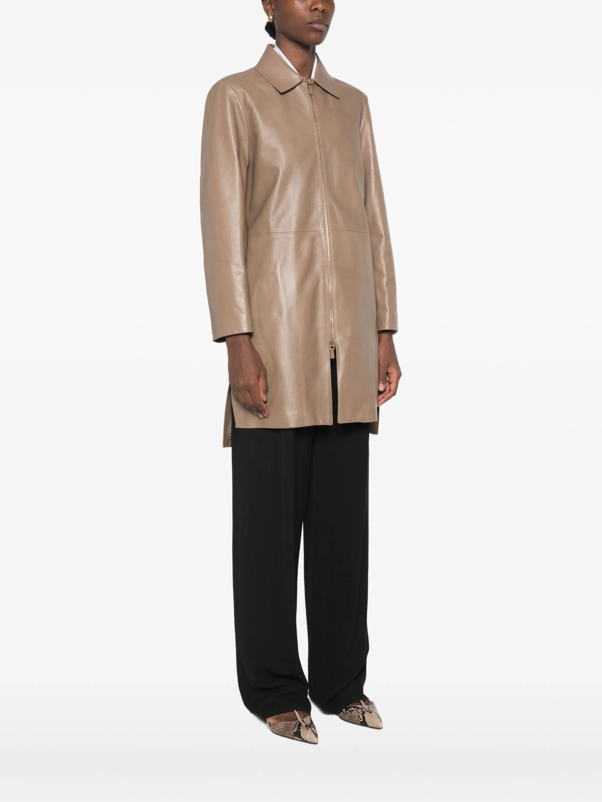 leather zip-up coat
