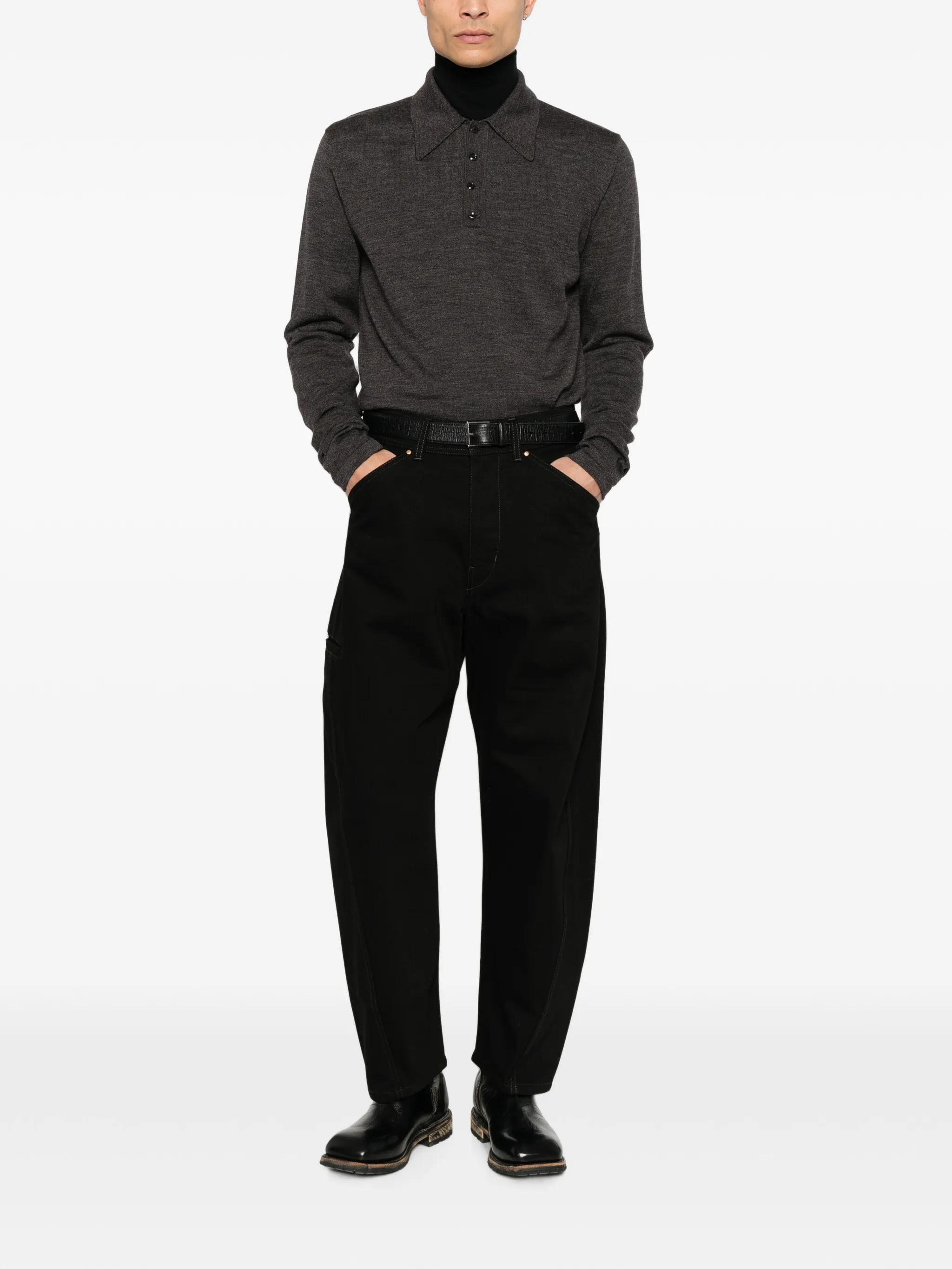 long-sleeve polo in fine mouliné merino wool