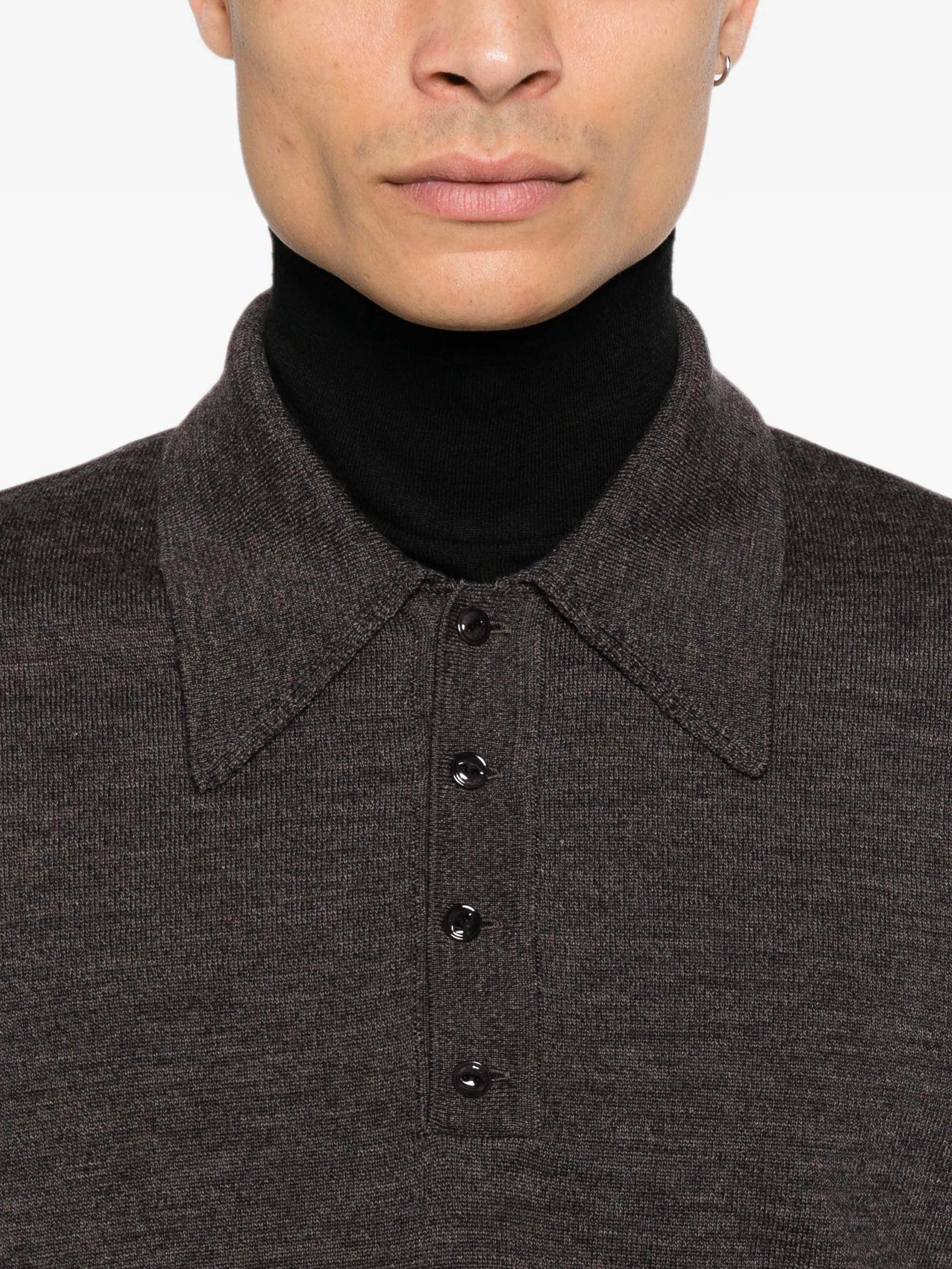 long-sleeve polo in fine mouliné merino wool